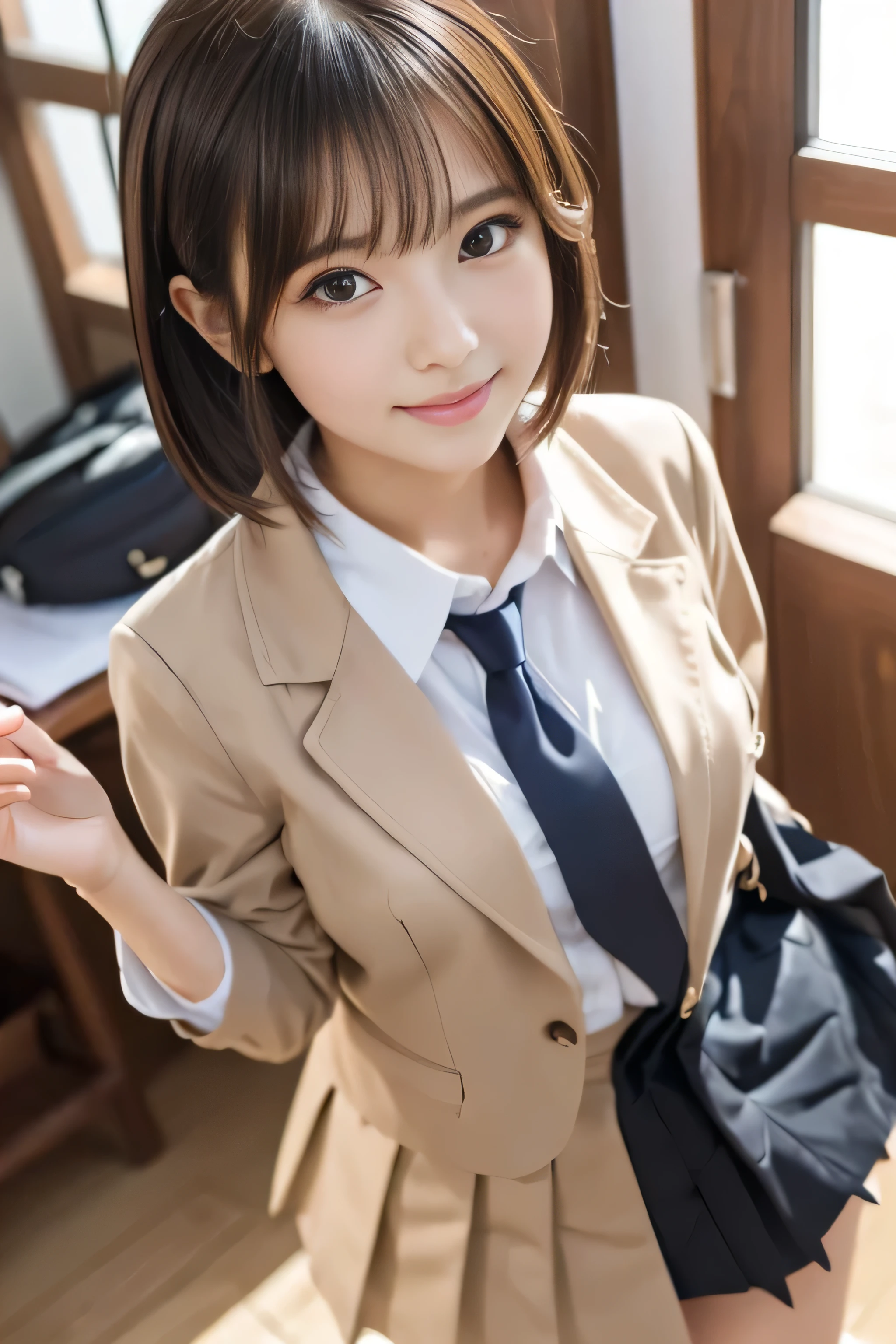 expensiveest quality, masterpiece, ultra expensive resolution, (realistic:1.4), 20-year-old,1 girl,Super expensive quality,8K,thinウエスト,thin脚,thin and beautiful arms,beautiful fingers,sale eye makeup,thin,Medium chest,soft chest,(((High school bicycle storage))),many students and bicycles,expensive ,Blazer uniform and ribbon miniskirt,after school gathering,((ponytail and hair tie)),((Bangs short hair)),realistic,picture media chest)),((toothy smile)),((big smile))