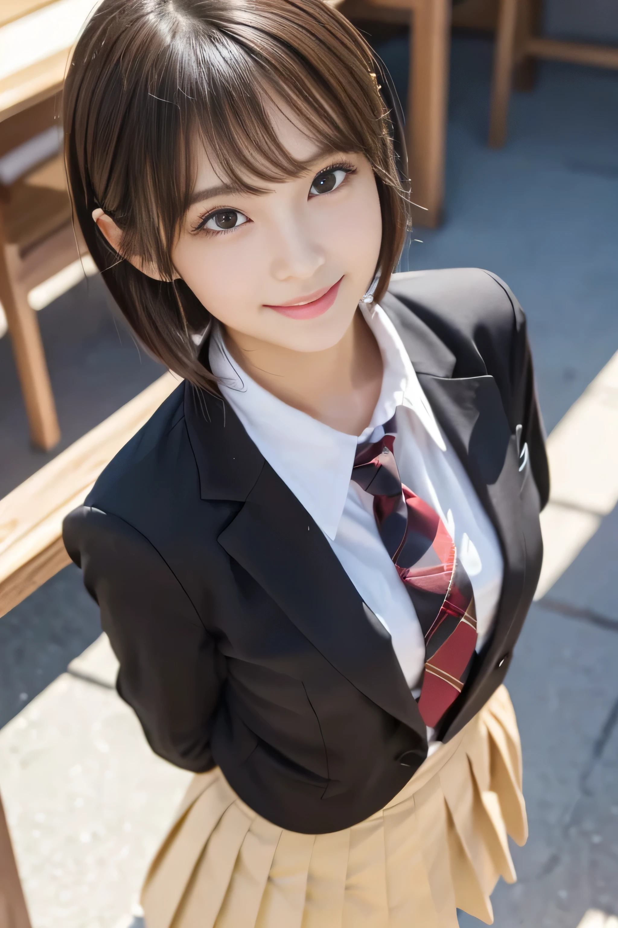 (((masterpiece))),  (Beautiful Japanese Girl, Classmates, Innocence，cute) ，Ultra-high resolution, Realistic, Super detailed, 8k,Best Quality, Very detailed, Detailed Background,Slender,とてもBeautiful Japanese Girl, Detailed face:1.3), (Boyish short hair，Black-haired:1.4), (Baby Face，cute系,Adorable girl), (Perfect body:1.1),  (Brown blazer, Light brown pleated mini skirt), Provocative smile,Show me your beautiful teeth,Super detailedな顔、Detailed lips、Detailed eyes、Small gravure idol，Clear Skin、On，Japanese high school uniform with school emblem on the chest，With a backpack、Leaning forward，Sexy pose，Focus on the buttocks，Turning his back、In the classroom，A glimpse of her white lace panties.，Looking down from above