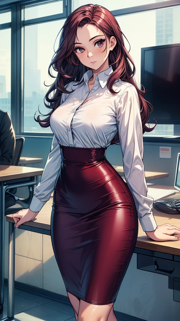 1 woman, teacher, 30 years old, long hair, black hair, afro curls, (black skin tone), big lips, big breasts, big thighs, red lips, wears glasses, (green eyes, perfect eyes, well-made eyes), (she is wearing a white blouse, very tight, very transparent, with a neckline, very wet, she is wearing it, you can see her belly), (blouse with a neckline, neckline), (no panties, no panties), (she is wearing a pink miniskirt, very short, very tight), (red heels), she is blushing, lascivious look, leaning on her desk, (her whole body can be seen)