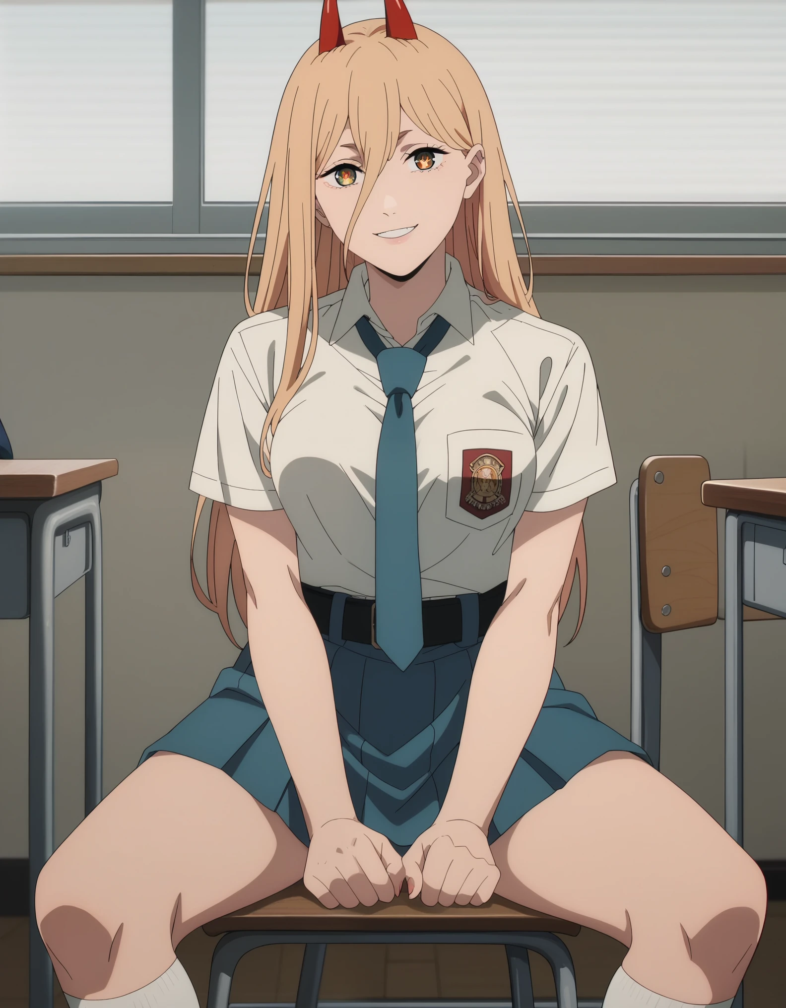 score_9, score_8_up, score_7_up, solo,1girl,1girl, p0w3r0x1, long hair, blonde hair, red horns,demon pupils, medium breasts, tucked in sma shirt, sma necktie, sma belt, sma skirt, sma shirt, sma skirt, inside classroom, windows, chair, tables thighs, looking at viewer, smile, sunligth, sit on chair, socks, hands between thighs, anime screencrap, dutch shot,