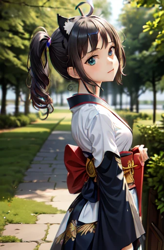 animated, three-dimensional, fisheye, Show from the hips to the shoulders, profile, focus on eyes, looking back, chibi, beautiful detailed girl, teenage girl, A man with has short black hair, azure hair, streaked hair, hair fluttering in the wind, antenna hair, anime face, light blush, blue dragon eyes, cat ears, small Breasts, heterochromic, kimono, asa no ha pattern print cloth, white Clothes,