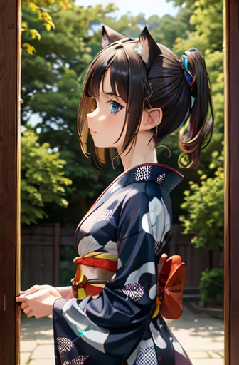 animated, three-dimensional, fisheye, Show from the hips to the shoulders, profile, focus on eyes, looking back, chibi, beautiful detailed girl, teenage girl, A man with has short black hair, azure hair, streaked hair, hair fluttering in the wind, antenna hair, anime face, light blush, blue dragon eyes, cat ears, small Breasts, heterochromic, kimono, asa no ha pattern print cloth, white Clothes,