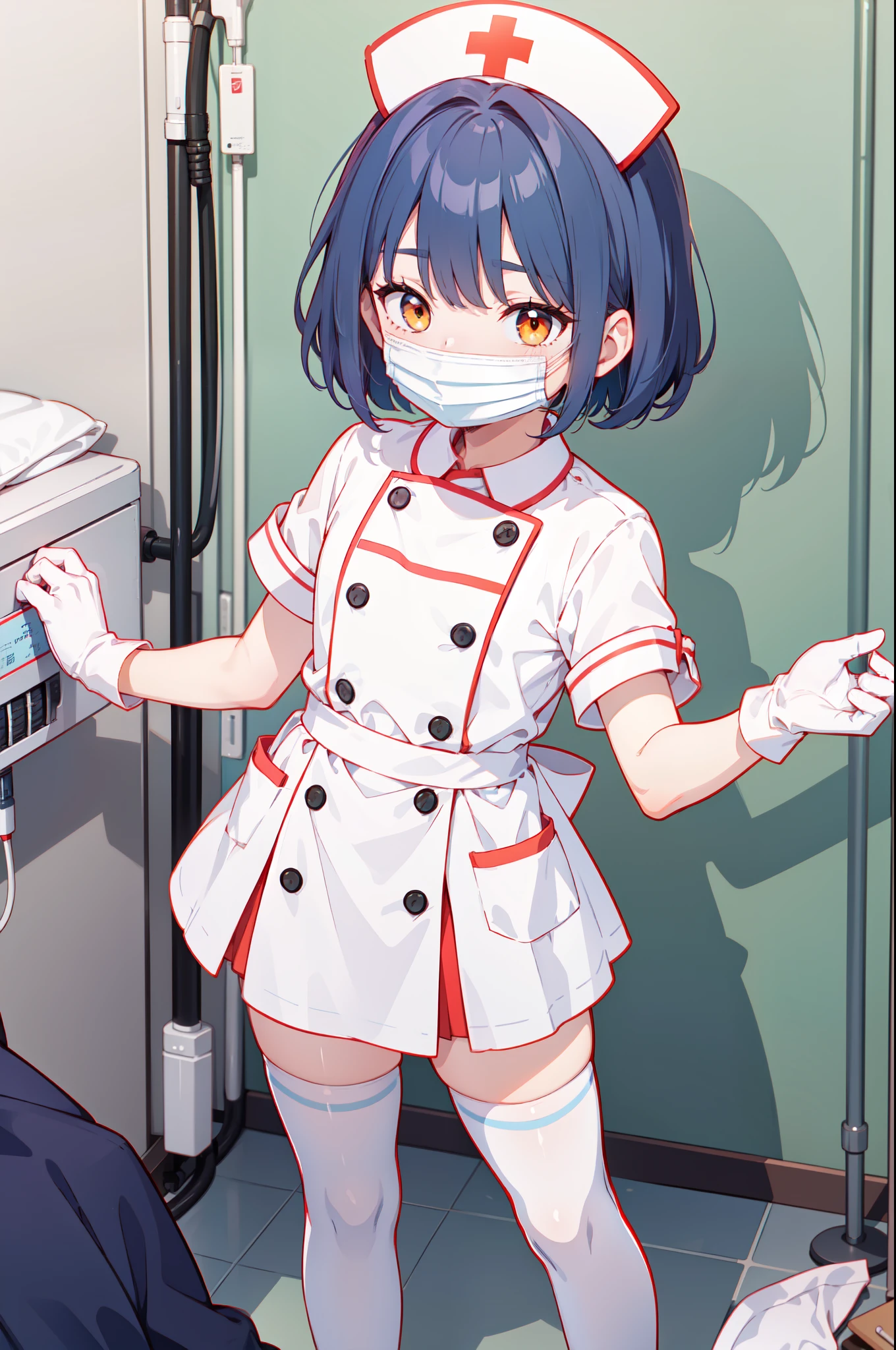 1woman, solo, nurse, nurse cap, white wear, ((white legwear, zettai ryouiki)), white gloves, glasses, blue hair, orange eyes, ((white surgical mask, covered nose)), standing, ((hospital room)), sharp outline, short sleeves, mature female, 35 years old, best quality, masterpiece