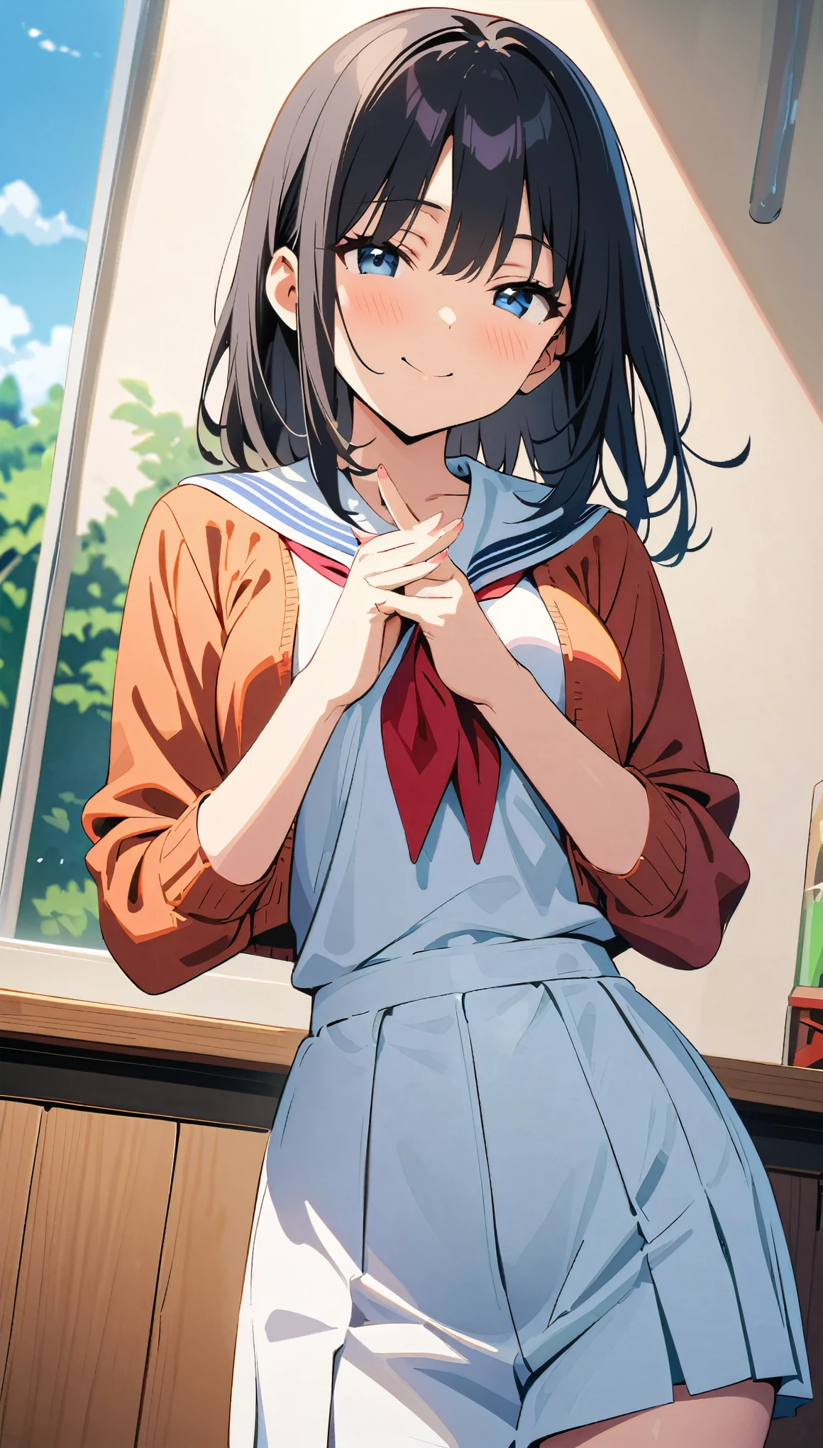 Highest quality、High resolution、Detailed Background、Beautiful face in every detail、Highly detailed face、Detailed red eyes、Anatomically correct、Normal number of fingers、Teenage beauty、Perfect body line、Black Hair、ponytail、Cute Eye Makeup、Cute Lip Makeup、Calm atmosphere、Shiny dark colored sailor suit、White sailor collar、Navy blue pleated skirt、Red ribbon、White Stockings、Looking back from the classroom window、Cute gestures、A big smile、very beautiful