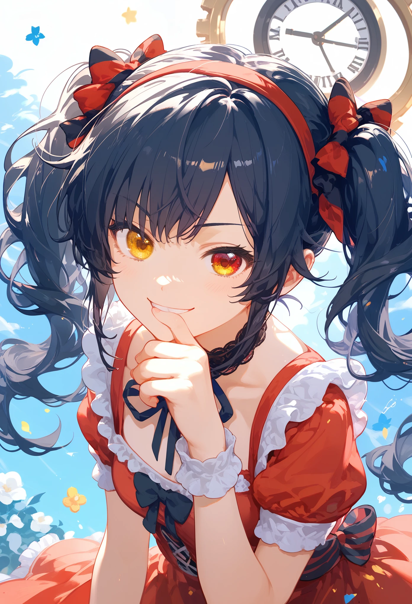 score_9, score_8_up, score_7_up, 1girl, hair in own mouth, close-up,tokizaki kurumi, clock eyes, red eye, yellow eye, heterochromia, black hair, twintails, hairband, red dress, striped bow, frills, smirk, outdoors,