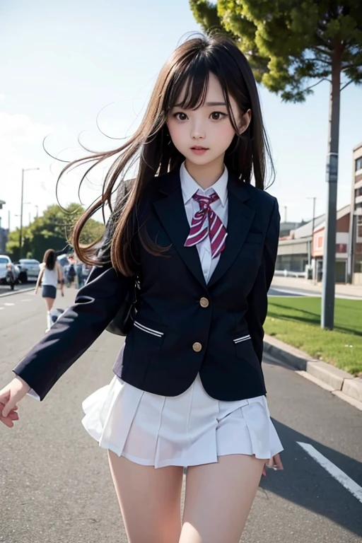 a woman, drooping eyes, eyes realistic sizing, pleated skirt, (round face), straddling pipe-bollard that is standing on the ground to hit her crotch for masturbation, open legs, on the streets of downtown area, angle from below,
