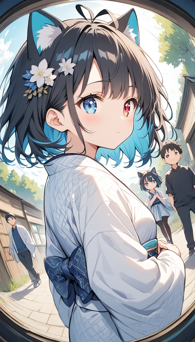 animated, three-dimensional, fisheye, Show from the hips to the shoulders, profile, focus on eyes, looking back, chibi, beautiful detailed girl, teenage girl, A man with has short black hair, azure hair, streaked hair, hair fluttering in the wind, antenna hair, anime face, light blush, blue dragon eyes, cat ears, small Breasts, heterochromic, kimono, asa no ha pattern print cloth, white Clothes,