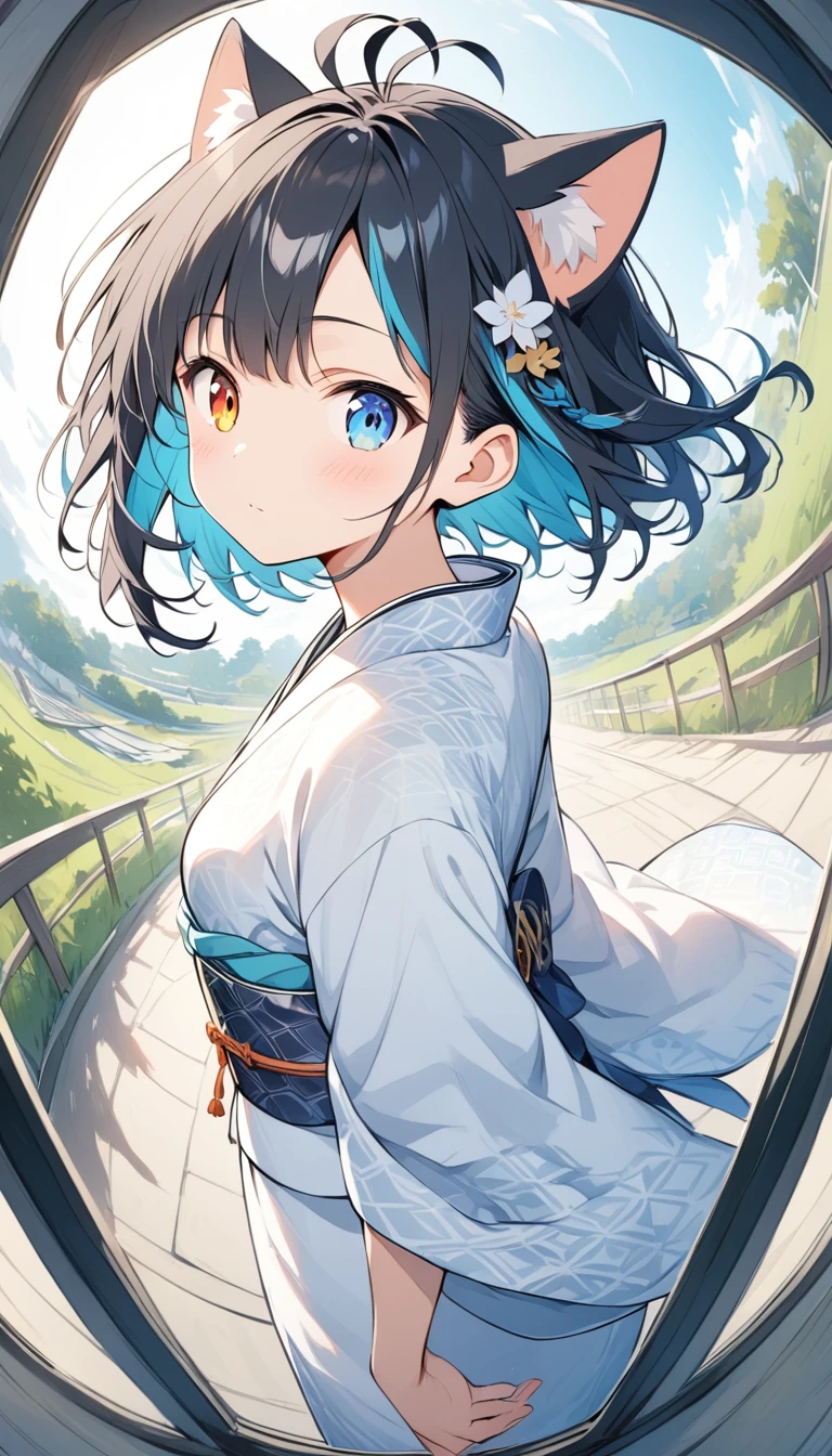 animated, three-dimensional, fisheye, Show from the hips to the shoulders, profile, focus on eyes, looking back, chibi, beautiful detailed girl, teenage girl, A man with has short black hair, azure hair, streaked hair, hair fluttering in the wind, antenna hair, anime face, light blush, blue dragon eyes, cat ears, small Breasts, heterochromic, kimono, asa no ha pattern print cloth, white Clothes,