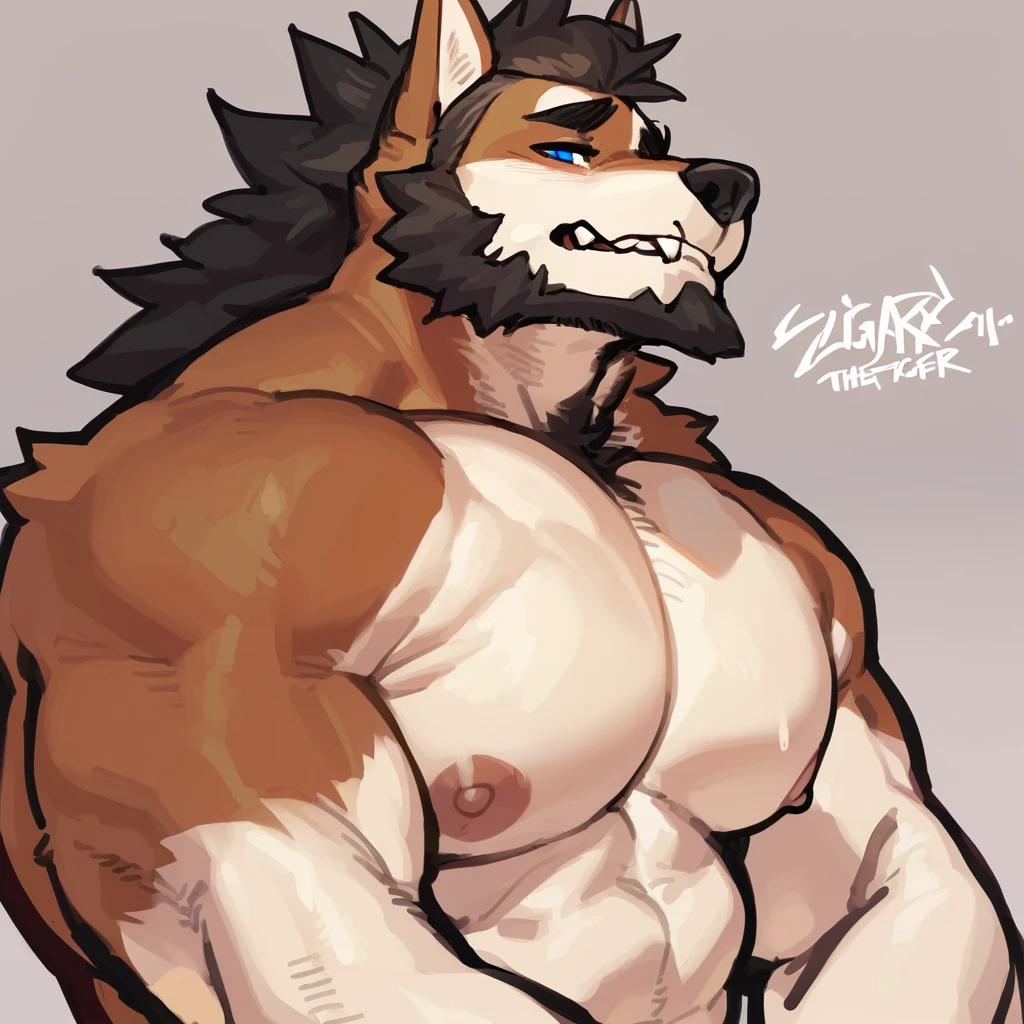 Brown hunk husky, white fur, strong physique, very muscular, perfect anatomy, masterpiece, black beard, blue eyes, strong jaw, shirtless,  solo, great lighting, by bebebebe, by ZIXiong, by zackary911, by SligarTheTiger, by RED8EAN,