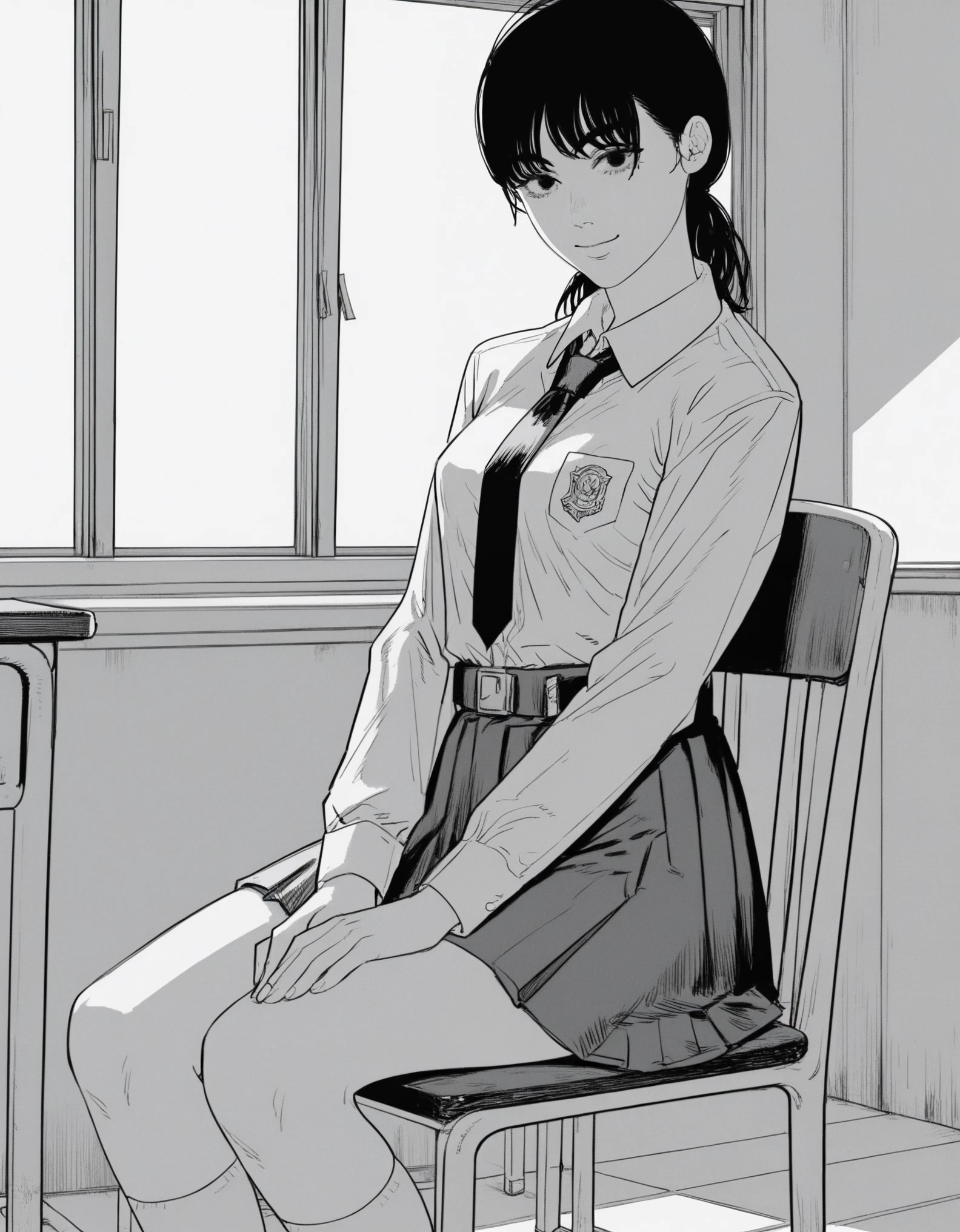 score_9, score_8_up, score_7_up, solo,1girl,mitaka asa, black hair, low twintails,
monochrome,
black eyes, medium breasts, tucked in sma shirt, sma necktie, sma belt, sma skirt, sma shirt, sma skirt, inside classroom, windows, chair, tables thighs, looking at viewer, smile, sunligth, sit on chair, socks, hands between thighs, anime screencrap, dutch shot,