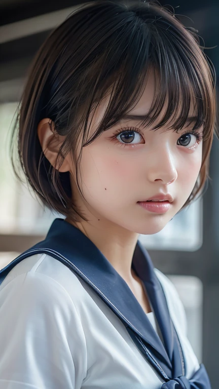 ((masterpiece of the highest quality, High resolution)), 1 girl, (Realistic: 1.4), , Beautiful Hair, (Shortcuts:1.5), Sailor suit, school classroom, look away, , High-definition CG synthesis 8K wallpaper, Professional photos, Backlight, Top view