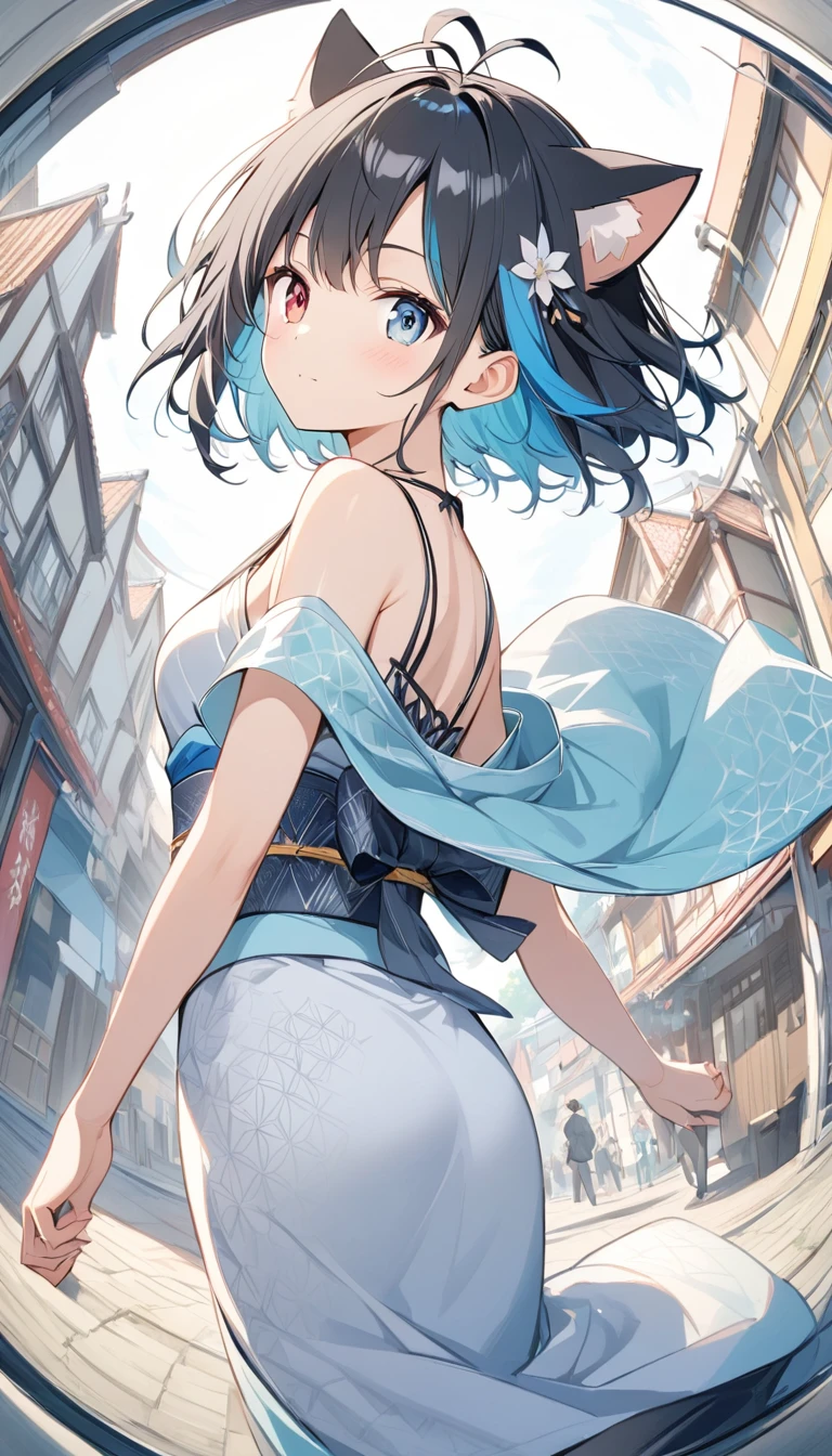 animated, three-dimensional, fisheye, Show from the hips to the shoulders, profile, focus on eyes, looking back, chibi, beautiful detailed girl, teenage girl, A man with has short black hair, azure hair, streaked hair, hair fluttering in the wind, antenna hair, anime face, light blush, blue dragon eyes, cat ears, small Breasts, heterochromic, kimono, asa no ha pattern print cloth, white Clothes,