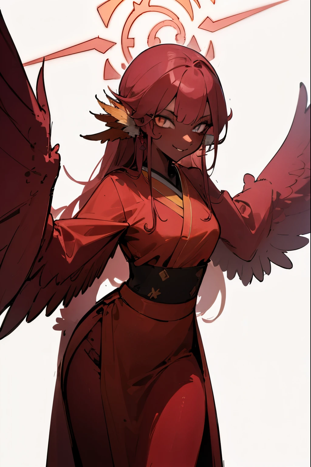 master masterpiece, 4k, highly detailed, subsurface scattering, (beautiful detailed eyes:1.6), extremely detailed face, mature woman, harpy, wings, wings arms, red feathers, aru_bluearchive, long hair, red hair, neon yellow eyes, yellow eyes, queen, cronw queen, royal suit, queen robe, dark skin, sadistic smile, sadistisc, Clear focus, clear backgronud, simple background, hard lighting, vivid colour