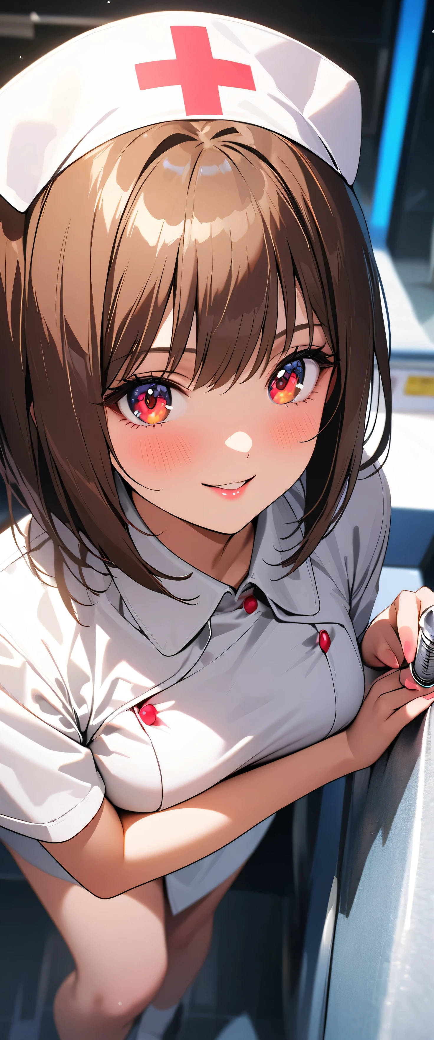 (beautiful girl: 1.3),1girl,masterpiece,Highest quality,Ultra-high resolution,rich contrast,super high quality,8k,Highly detailed CG unit wallpaper,texture,Incredibly absurd,RAW Photos,Highest quality anime,Depth of Field 1.2,Ultra-detailed eyes,Glowing Skin,Glitter effect,Beautiful glossy lips,(Brown Hair,Sharp Bob),nurse uniform,Nurse working at the hospital,syringe,exceptional smile,white nurse uniform