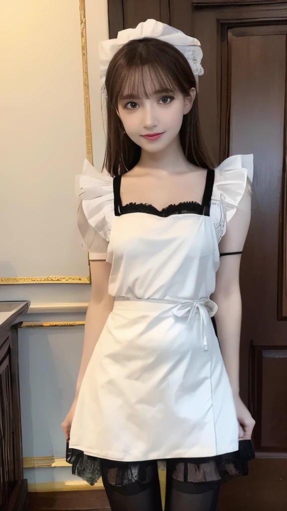 ((Top Quality, 16k, Masterpiece: 1.3)), 16 years old, Sharp Focus: 1.2, Beautiful woman with perfect figure: 1.4, Slender Abs: 1.2, (((Bob Brown Hair)), ((Small: 1.4)), ((Idol: 1.3)), ((Akihabara Maid Outfit 1.5)), (Bar Counter), Highly Detailed Face and Skin Texture, Detailed Eyes, Double Eyelids, (((Pause)), (Seductive)), standing, cinematic photo, dark interior