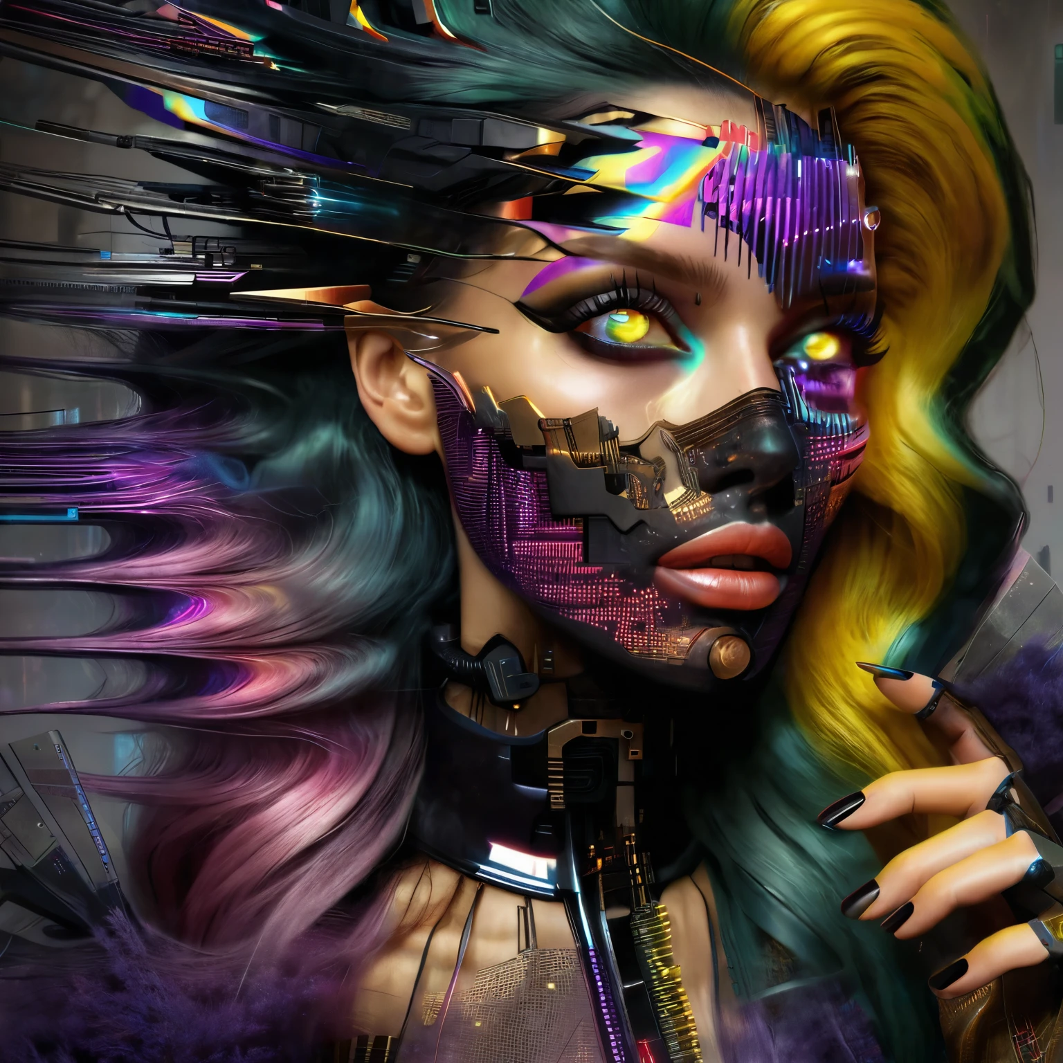 a close up of a woman with a colorful face and hair, glitchpunk girl, inspired by Hedi Xandt, advanced digital cyberpunk art, psychedelic organic cyborg, cyberpunk art style, hyper-realistic cyberpunk style, cyberpunk face, beautiful cyberpunk girl face, cyberpunk style ， hyperrealistic, intricate cyberpunk make - up, futuristic art style, dreamy cyberpunk girl