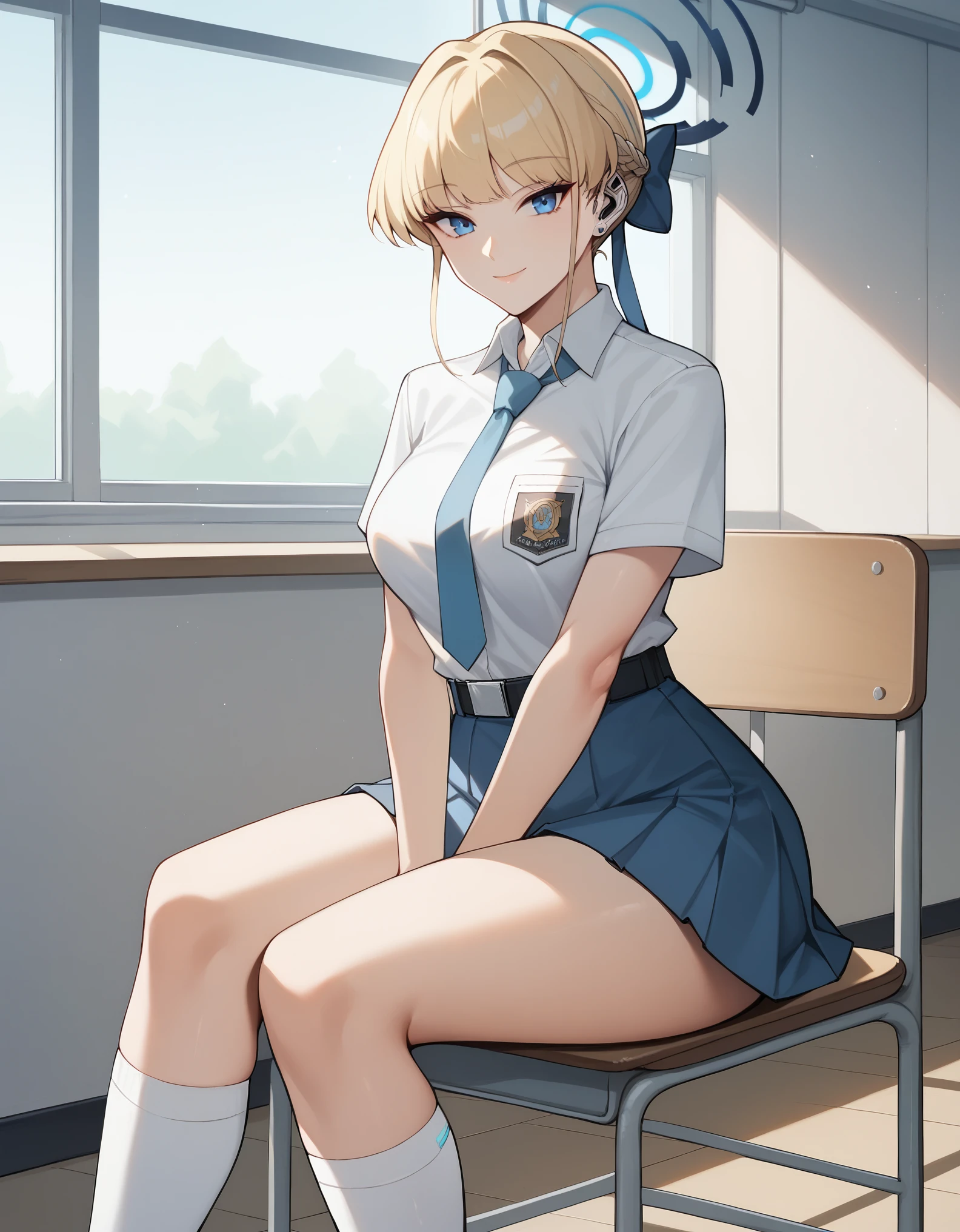 score_9, score_8_up, score_7_up, solo,1girl,toki, blonde hair, blue eyes,
hair bun, short hair, halo, large breasts, tucked in sma shirt, sma necktie, sma belt, sma skirt, sma shirt, sma skirt, inside classroom, white board, chair, tables thighs, looking at viewer, smile, sunligth, sit on chair, socks, hands between thighs, 