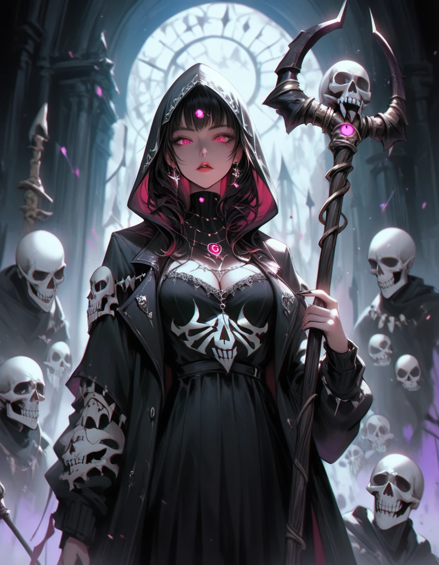 A cinematic shot of a beautiful and evil hooded female necromancer, wearing skull armor, summoning glowing skeletons around her, holding a skull staff, glowing skulls, magical effects, cemetary in background, hkdeath