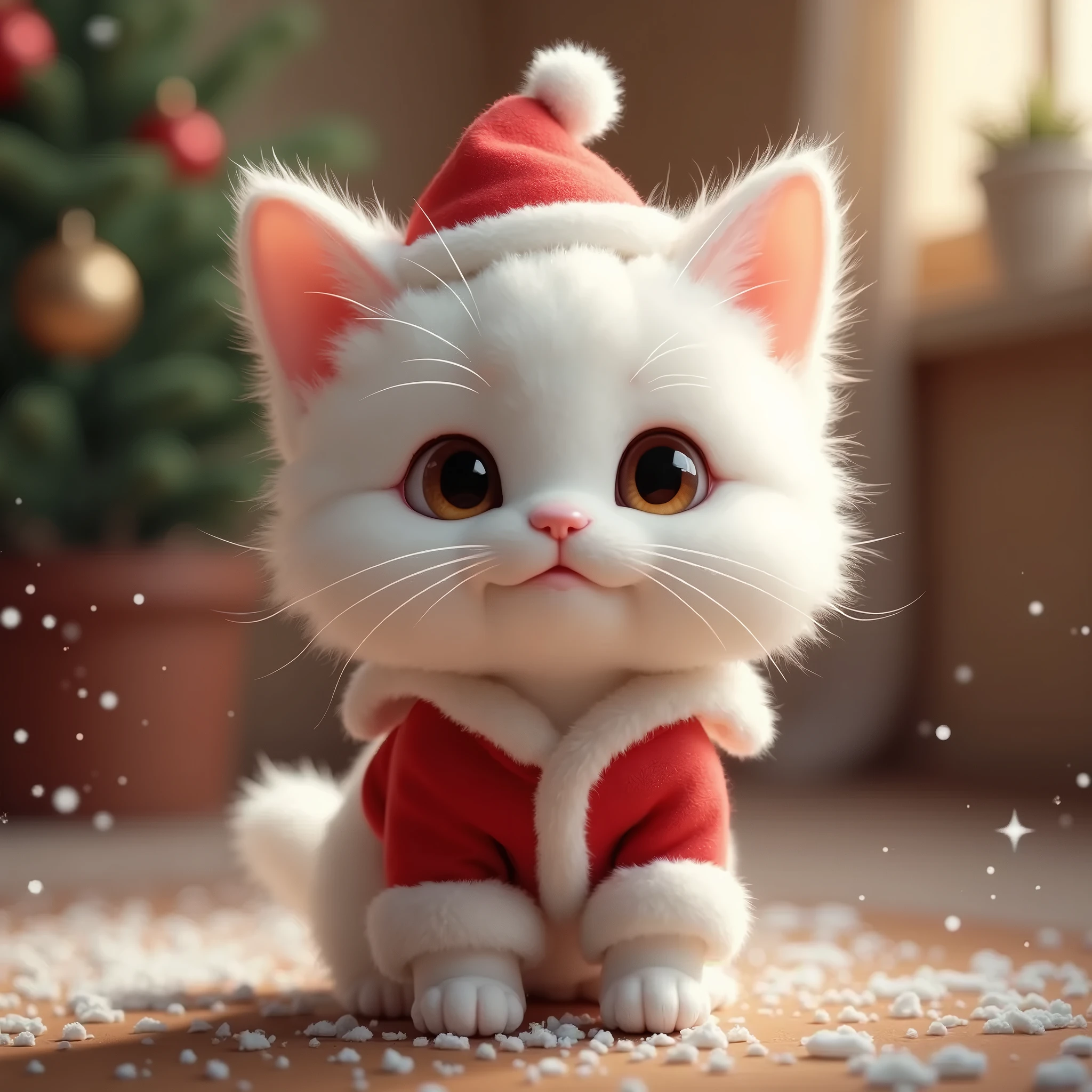 cute white fluffy cat, with a pretty face, in a Santa Claus costume with four legs 