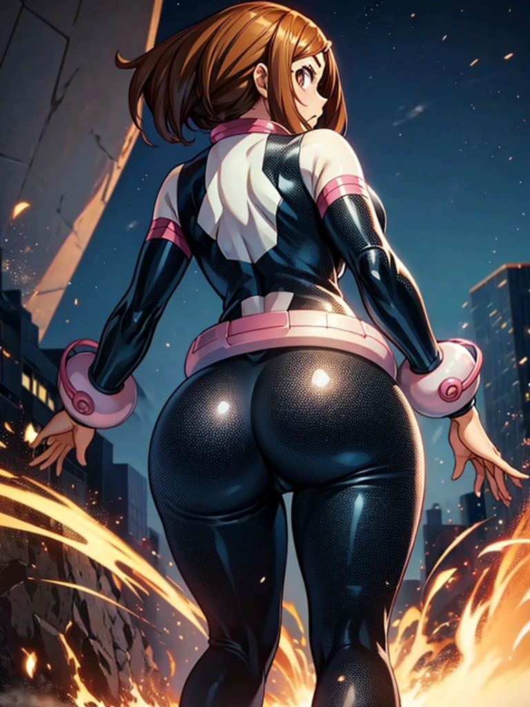 
Hmochako, voluptuous figure, view from behind, body, As a superhero, black metallic suit 