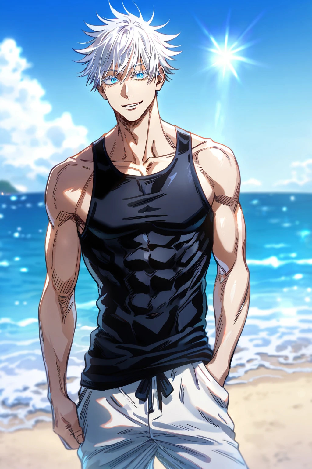 satoru gojo 4k,  high-quality, HD, 1 boy, 25years old,  muscle,  bodybuilder,  satoru gojo, smiling,  beach,