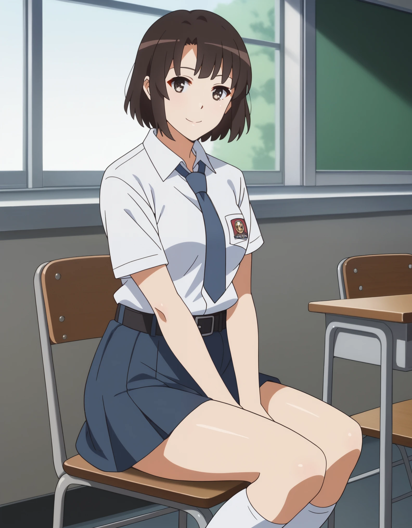 score_9, score_8_up, score_7_up, solo,1girl,megumi katou, brown hair, brown eyes,
short hair,medium breasts, tucked in sma shirt, sma necktie, sma belt, sma skirt, sma shirt, sma skirt, inside classroom, windows, chair, tables thighs, looking at viewer, smile, sunligth, sit on chair, socks, hands between thighs, anime screencrap, dutch shot,