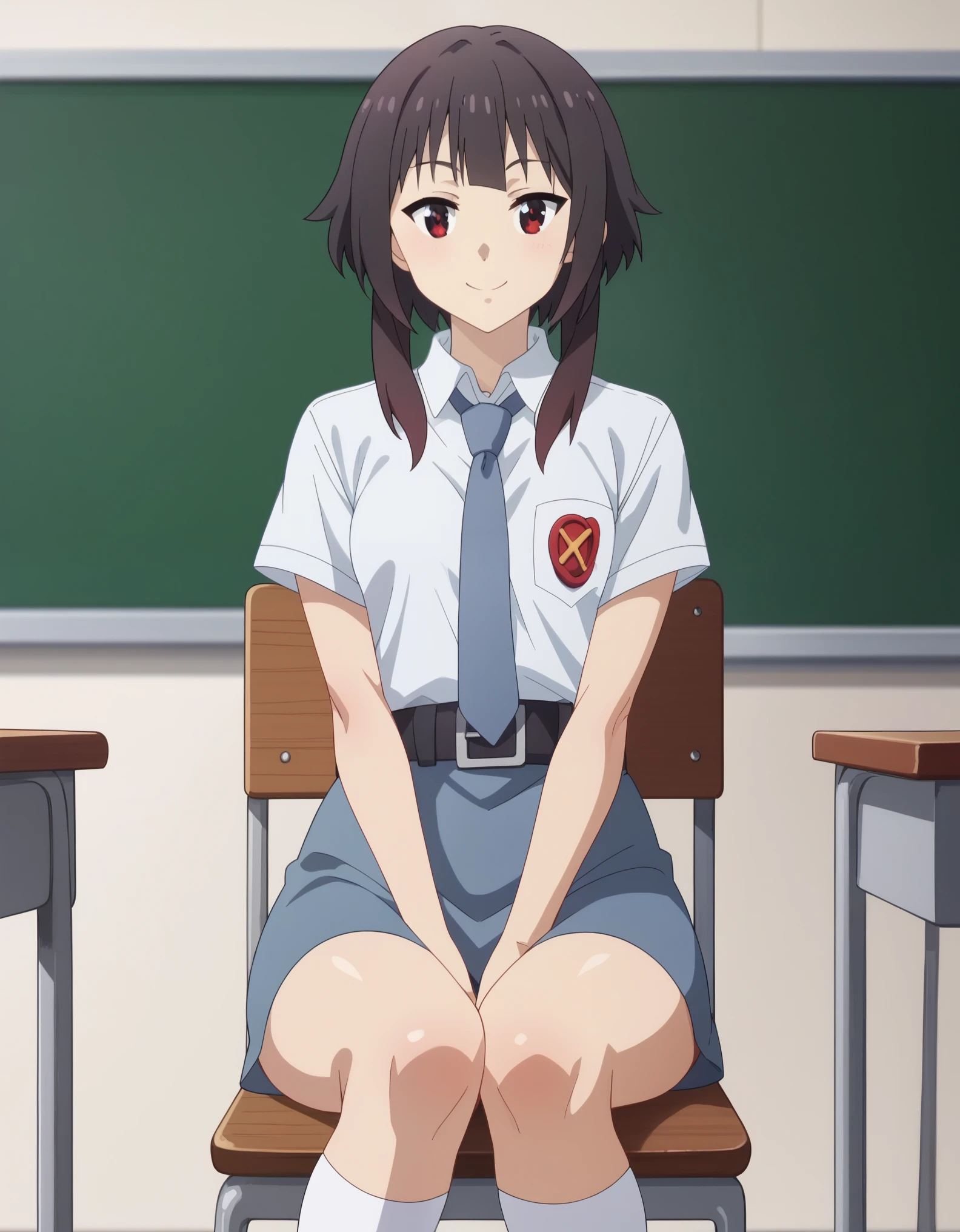 score_9, score_8_up, score_7_up, solo,1girl,megumin, short hair, black hair, red eyes, short hair with long lockssmall  breasts, tucked in sma shirt, sma necktie, sma belt, sma skirt, sma shirt, sma skirt, inside classroom, windows, chair, tables thighs, looking at viewer, smile, sunligth, sit on chair, socks, hands between thighs, anime screencrap, dutch shot,