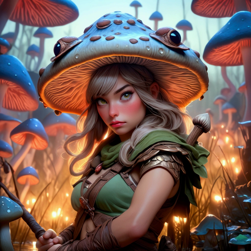 cute big eyes translucent green mushroom droids and a beautyfull girl,virus fight the droids,by Daniel Merriam, Nikolina Petolas, Peter Gric, Dariusz Klimcza full colors, hair backlighting, back lighting, volumetric lighting, 8K, perfect eyes, perfect pupils, expressive eyes, hands by Albrecht Durer, smoke, particle fx, mist, fog, fire, explosions, debris,