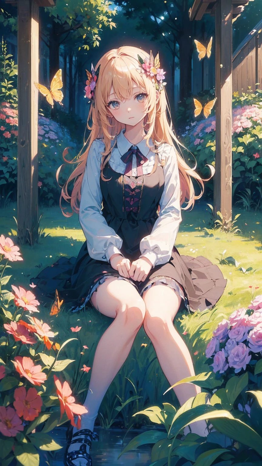 (masterpiece: 1.2), (Very detailed: 1.2), (Very detailed CG: 1.2), (high quality: 1.2), (最high quality), 8k, Anime illustration, Girl sitting in a flower field,A butterfly with a slightly sad expression々View、((A butterfly is resting on my finger々))、Butterflies fluttering々dance、Beautiful work