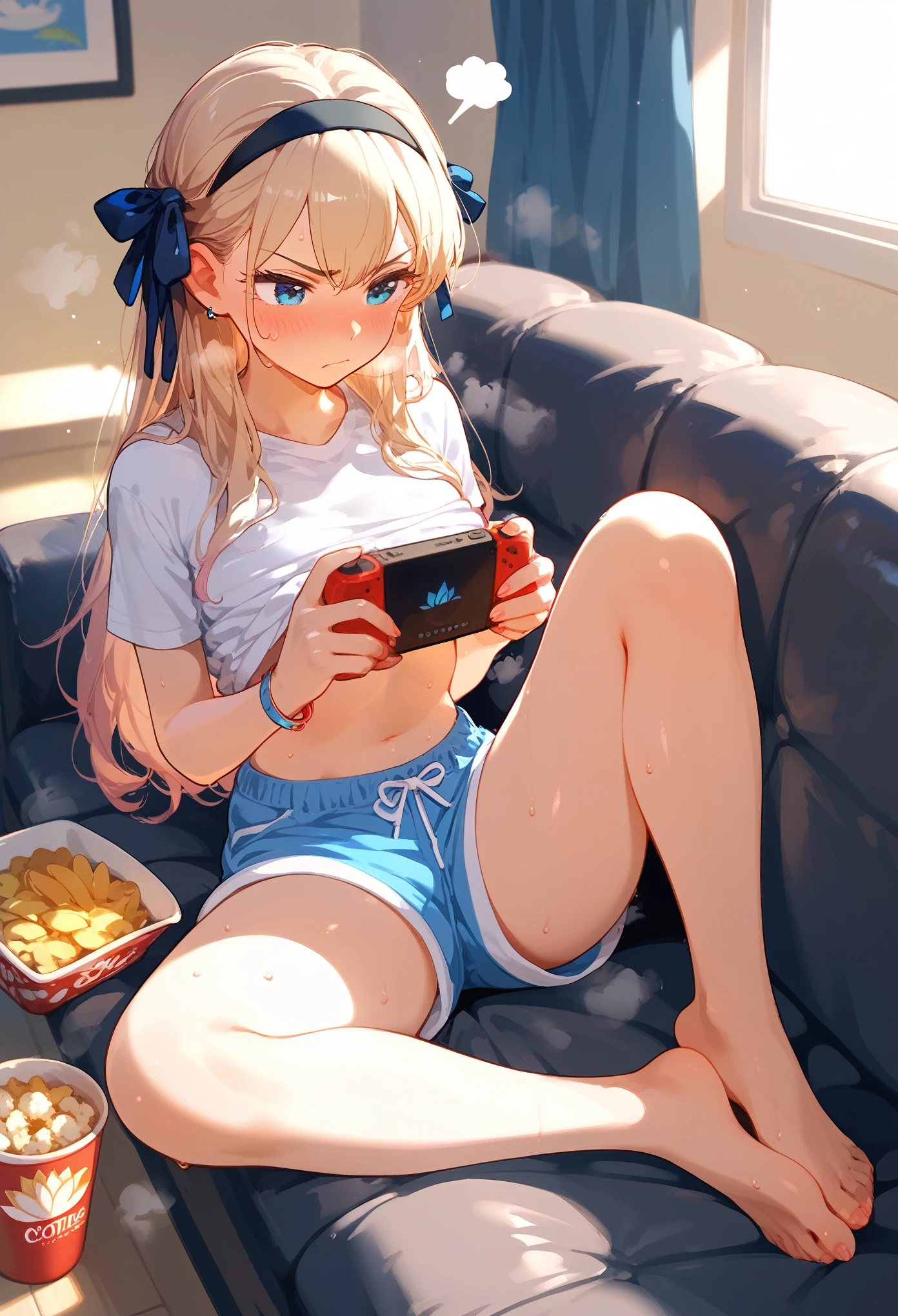 score_9, score_8_up, score_7_up, wiping face, wiping sweat, lifted by self, shirt lift, shirt, sweat, 1girl, black hairband, hair ribbon, long hair, casual, sitting, couch, indoors, blush, in heat, steaming body, lotus position, full body, shorts, on couch, annoyed, handheld game console, popcorn, potato chips,