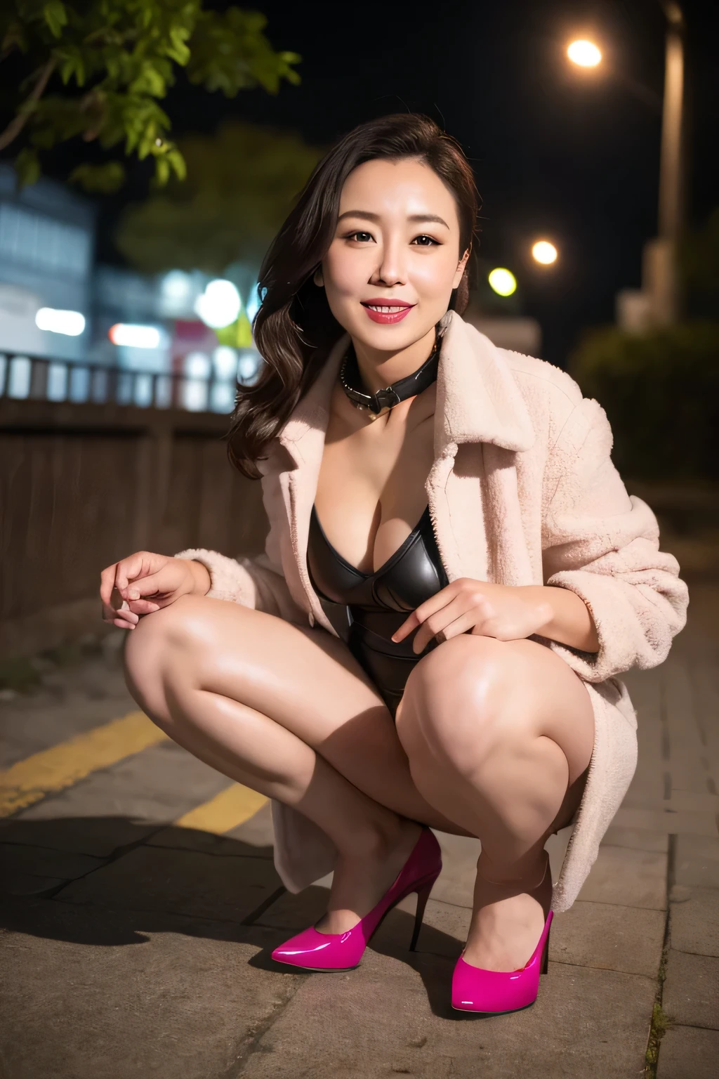 best quality, masterpiece, 16K, absurdres, city, old woman, delightful, smiling, squatting, legs spread, looking at viewer, ponytail, brown hair, black eyes, big eyes, pale skin, detailed skin, wrinkles skin, plump, glamorous, beautiful breasts, jacket, t-shirt, mini skirt, piercing, necklace, long boots, chubby, beauty mark, 50-year-old, old, middle-aged, elderly, japanese, outside, in the city, on the street, with a moon, at night, beautiful, ultra realistic photo, real person, full body shot, from front, front view, wide shot, wide view, cowboy shot, moonlight