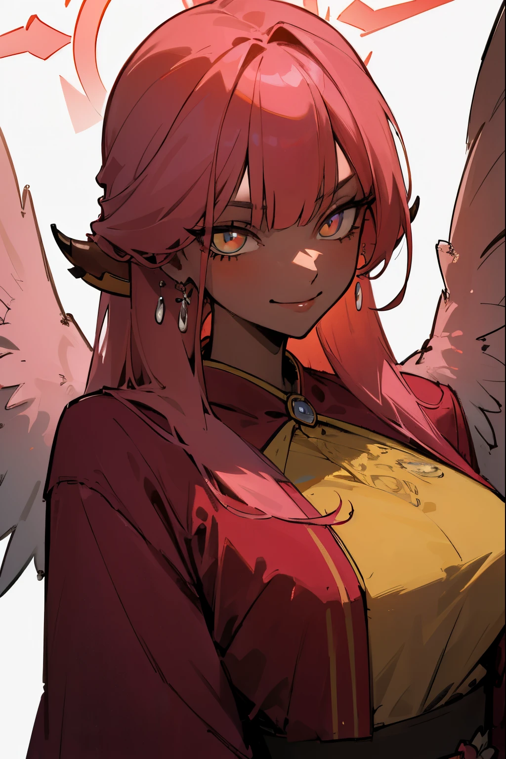 master masterpiece, 4k, highly detailed, subsurface scattering, (beautiful detailed eyes:1.6), extremely detailed face, mature woman, harpy, wings, wings arms, red feathers, aru_bluearchive, long hair, red hair, neon yellow eyes, yellow eyes, queen, cronw queen, royal suit, queen robe, dark skin, sadistic smile, sadistisc, Clear focus, clear backgronud, simple background, hard lighting, vivid colour