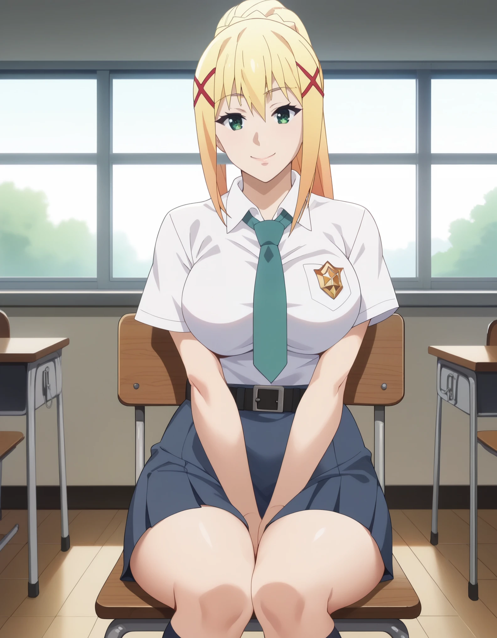 score_9, score_8_up, score_7_up, solo,1girdarkness \(konosuba\), long hair, green eyes, blonde hair, ponytail, braid, large breasts, tucked in sma shirt, sma necktie, sma belt, sma skirt, sma shirt, sma skirt, inside classroom, windows, chair, tables thighs, looking at viewer, smile, sunligth, sit on chair, socks, hands between thighs, anime screencrap, dutch shot,