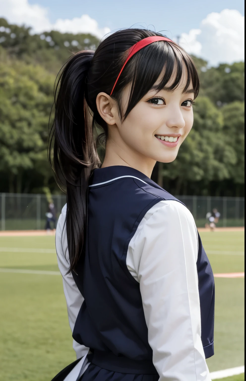 Anime girl brunette long black hair brown eyes wearing UA cheerleader uniform 