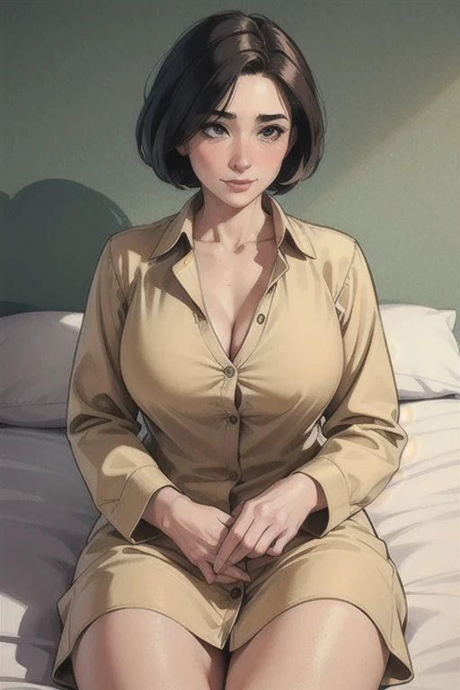 informal, (mature woman:1.4), (thick), Melon-colored long shirt dress with buttons and unbuttoned, ((Masterpiece:1.2)), ((best quality:1.2)), (neckline). lying on a bed (blushing)