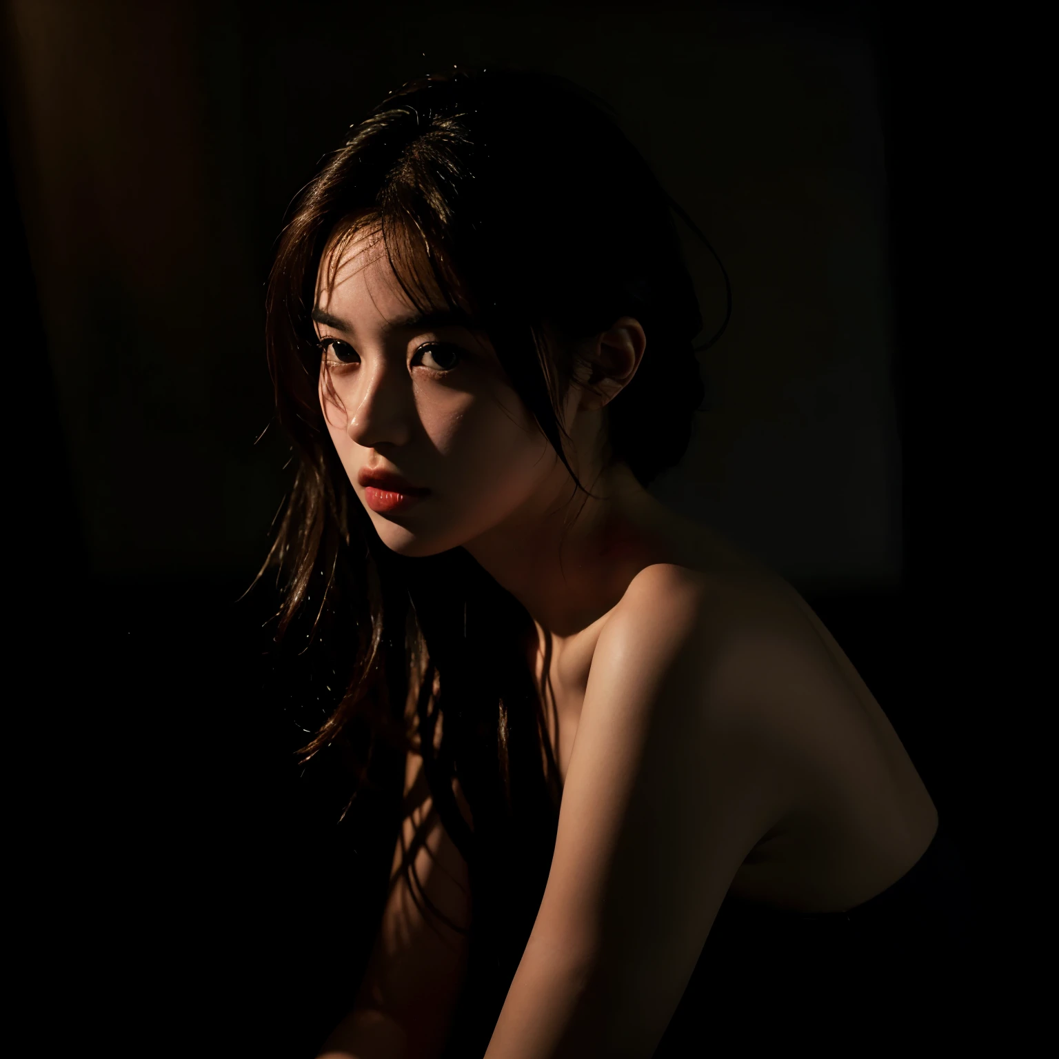 Best quality, masterpiece, ultra high res, (photorealistic:1.4), raw photo, 1girl, offshoulder, in the dark, deep shadow, low key, cold light