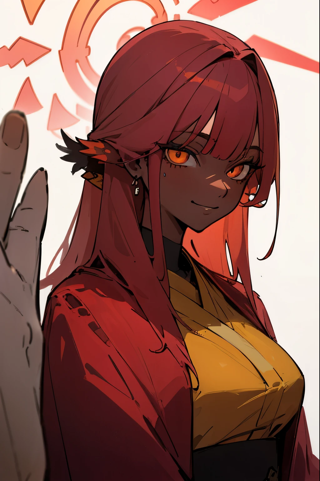 master masterpiece, 4k, highly detailed, subsurface scattering, (beautiful detailed eyes:1.6), extremely detailed face, mature woman, harpy, wings, wings arms, red feathers, aru_bluearchive, long hair, red hair, neon yellow eyes, yellow eyes, queen, cronw queen, royal suit, queen robe, dark skin, sadistic smile, sadistisc, Clear focus, clear backgronud, simple background, hard lighting, vivid colour