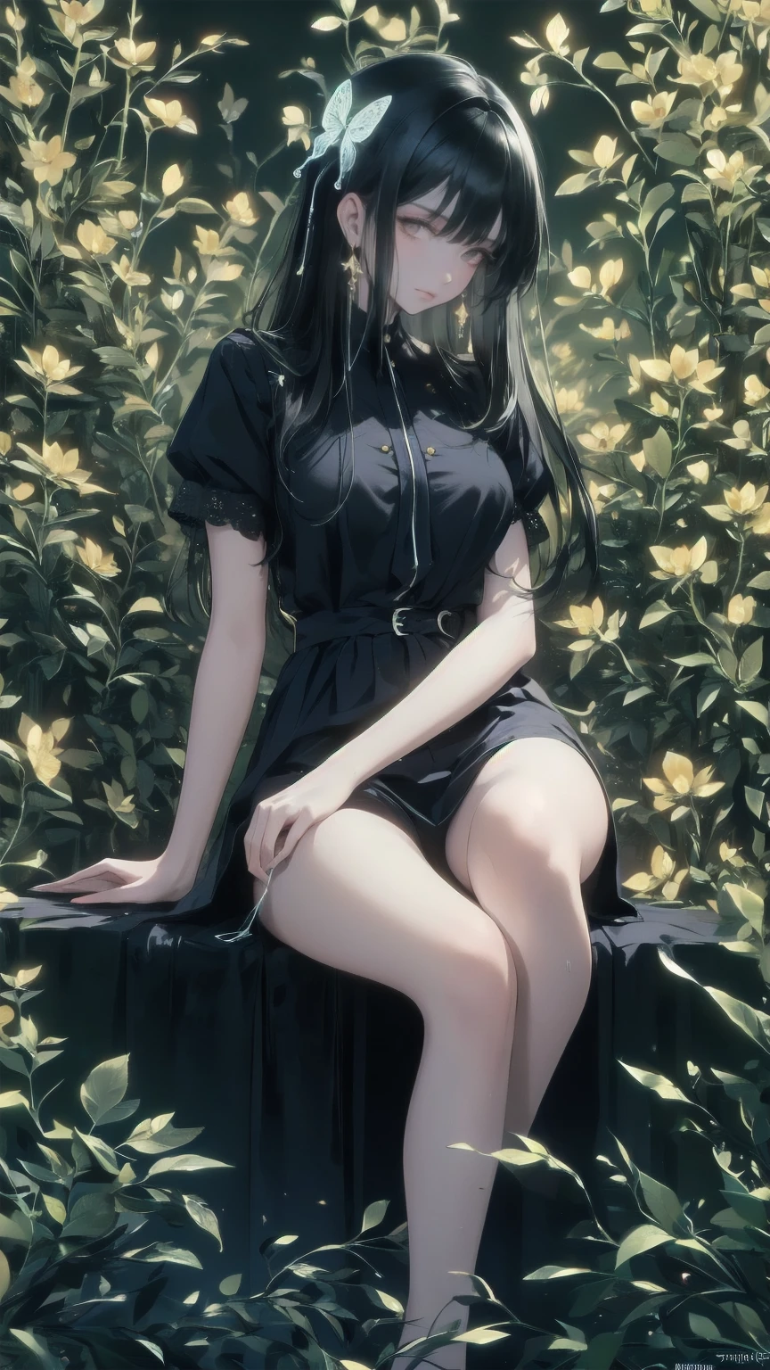 (masterpiece: 1.2), (Very detailed: 1.2), (Very detailed CG: 1.2), (high quality: 1.2), (最high quality), 8k, Anime illustration, Girl sitting in a flower field,A butterfly with a slightly sad expression々View、((A butterfly is resting on my finger々))、Butterflies fluttering々dance、Beautiful work