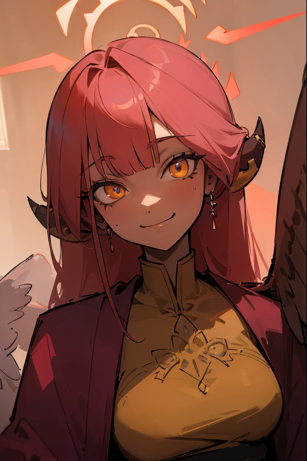 master masterpiece, 4k, highly detailed, subsurface scattering, (beautiful detailed eyes:1.6), extremely detailed face, mature woman, harpy, wings, wings arms, red feathers, aru_bluearchive, long hair, red hair, neon yellow eyes, yellow eyes, queen, cronw queen, royal suit, queen robe, dark skin, sadistic smile, sadistisc, Clear focus, clear backgronud, simple background, hard lighting, vivid colour