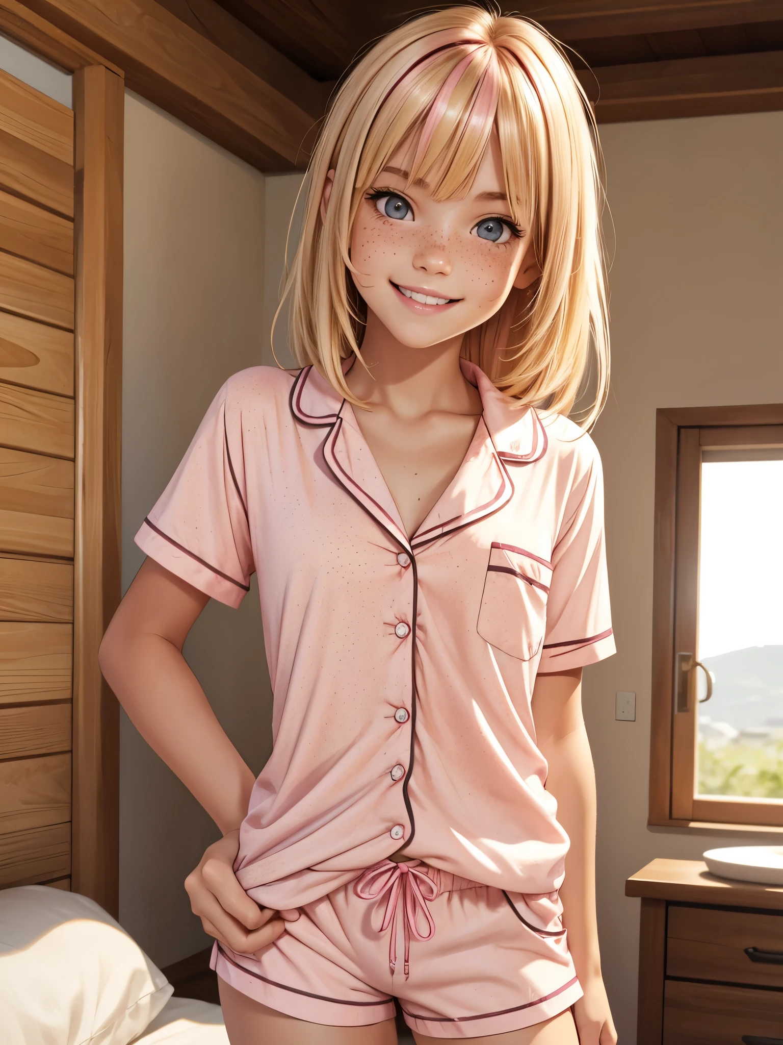 (best quality), 1girl, female, sun kissed skin, blonde hair, medium hair, swept bangs, pink streaked hair, brown eyes, perfect eyes, freckles, oversized shirt, pajama shorts, petite, smile, small bust, masterpiece, anatomically correct, highres
