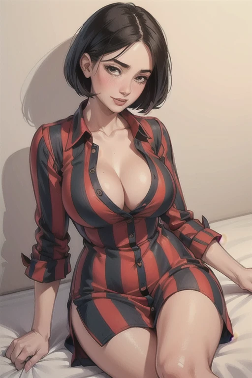 informal, (mature woman:1.4), (thick), Long red striped shirt dress with buttons and unbuttoned, ((Masterpiece:1.2)), ((best quality:1.2)), (neckline). lying on a bed (blushing)