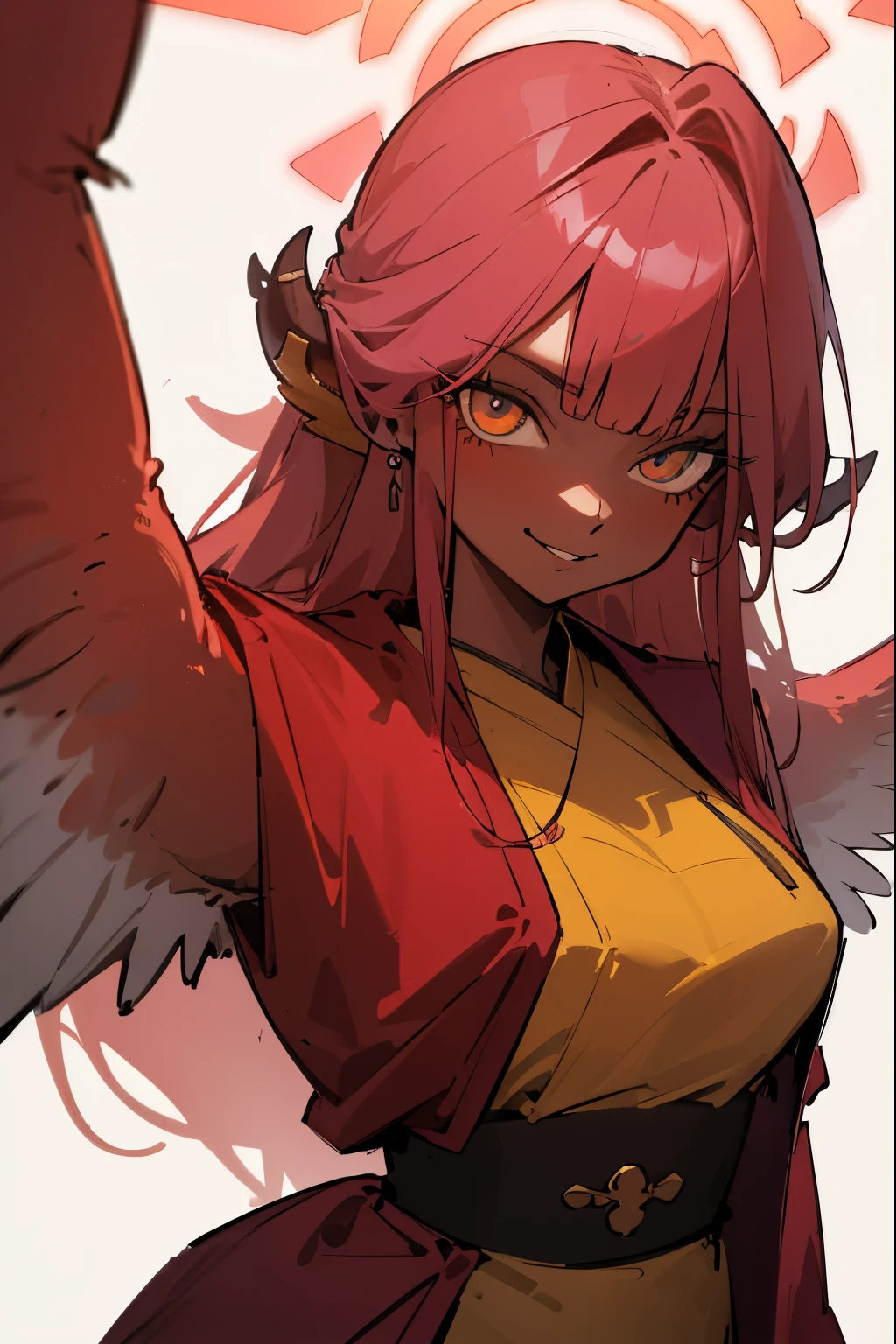 master masterpiece, 4k, highly detailed, subsurface scattering, (beautiful detailed eyes:1.6), extremely detailed face, mature woman, harpy, wings, wings arms, red feathers, aru_bluearchive, long hair, red hair, neon yellow eyes, yellow eyes, queen, cronw queen, royal suit, queen robe, dark skin, sadistic smile, sadistisc, Clear focus, clear backgronud, simple background, hard lighting, vivid colour