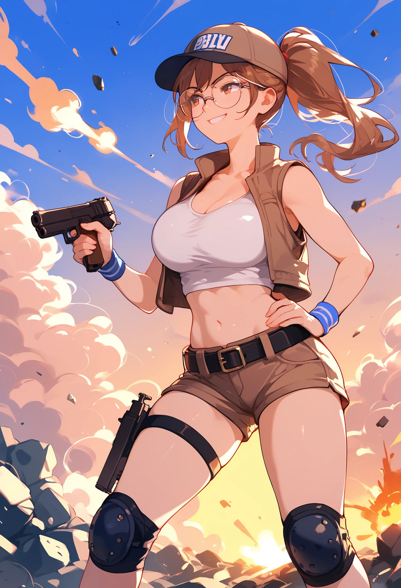 score_9, score_8_up, score_7_up, source_anime, solo, 1girl, smirk, looking away, standing, holding gun, handgun, ponytail, baseball cap, round eyewear, brown vest, open vest, white tank top, crop top, brown shorts, short shorts, hip vent, belt, knee pads, wristband, midriff, large breasts, sunset, cloud, outdoors, battlefield, debris, smoke, explosion