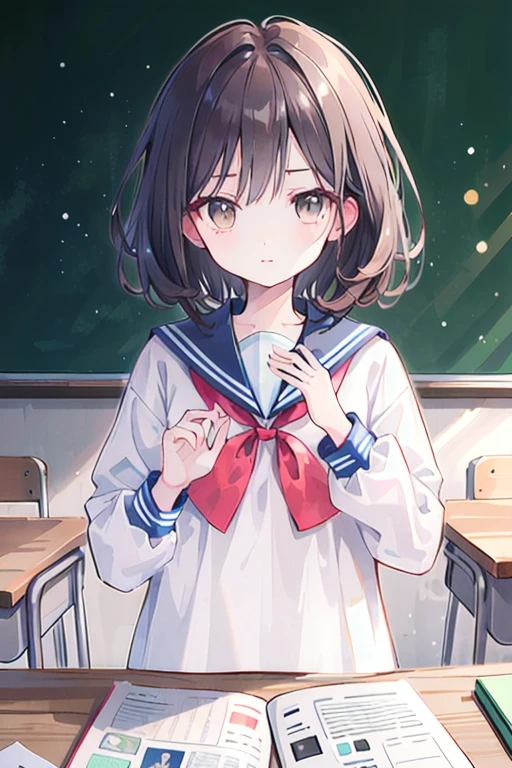 Best Quality, High resolution, Very detailed, Detailed Background, Perfect lighting、cute、Medium Hair, dark brown hair, brown eyesMedium chest、Sailor suit、classroom、Selfie