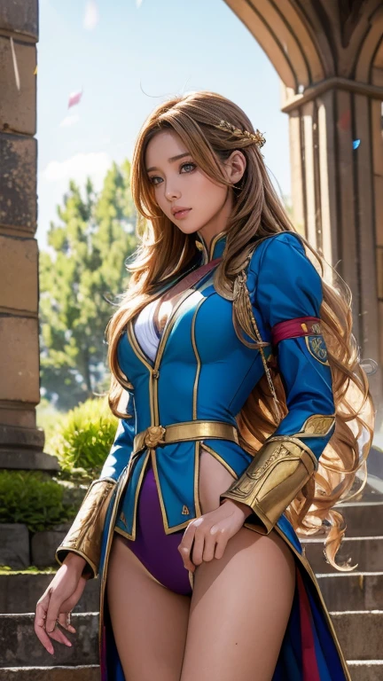 Best Quality, Official Art, Masterpiece Fabric Shading, High resolution, Very detailed, colorful, Best details, Fantasy, Combat Uniform, Leila Malcal:1.5, 1 female, Age 25, Golden Hair, Long Hair, Curly Hair, Best Quality, Official Art, Masterpiece Fabric Shading, High resolution, Very detailed, colorful, Best details, Fantasy, Combat Uniform,1 female, 2, Standing on the stairs, A castle town with an old castle view, sunny, Random Hair, Big Chest Skinny, A large number of people々Surrounded by:1.9, Confetti falling, Blessed, Welcomed:1.5, Camel Toe:1.3, Ground level shot:,