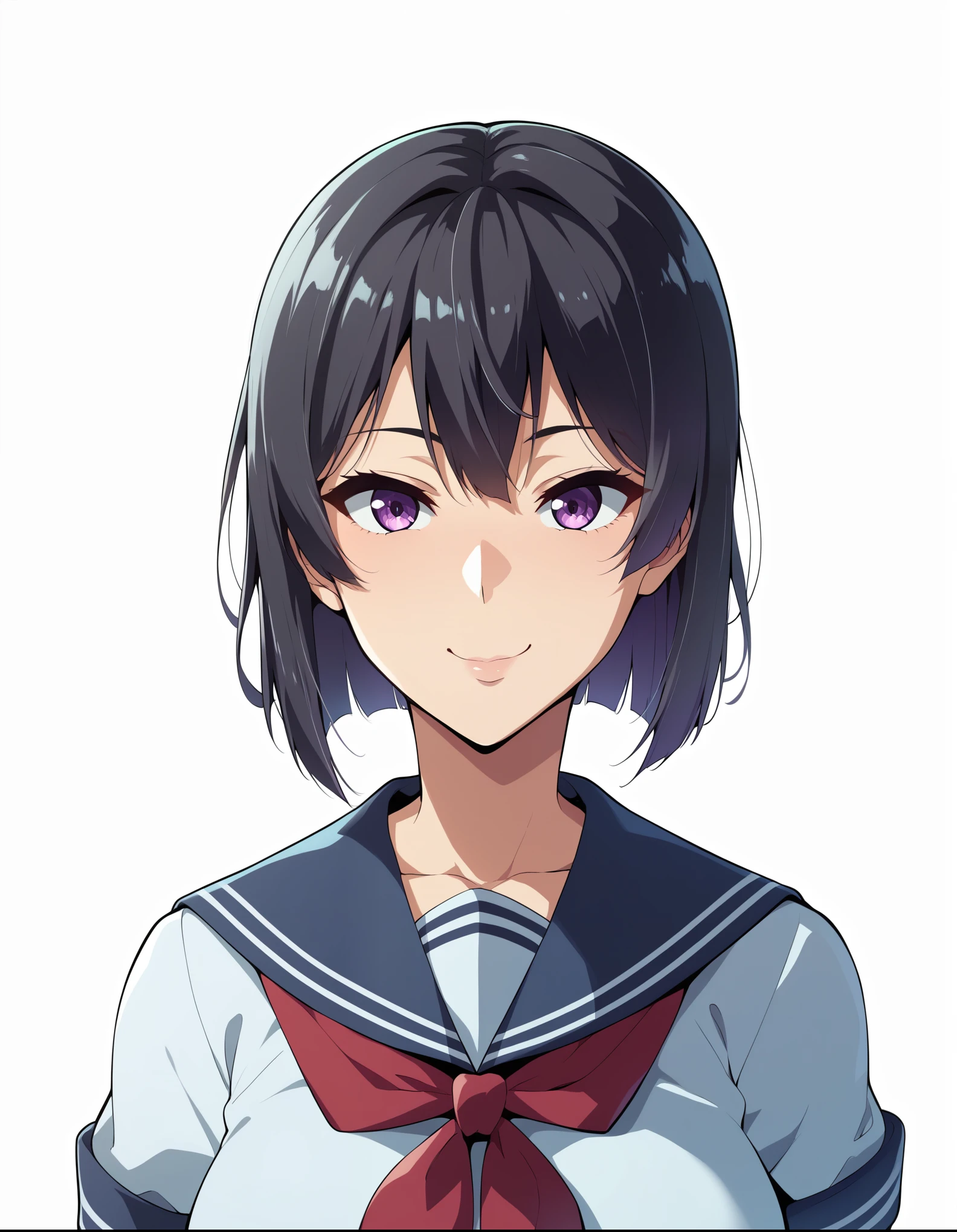 In front、Ultra-detailed illustrations、Ultra-precise expression、masterpiece、Best Quality、ultra High resolution、High resolution、takeda hiromitsu style、White Background、Simple Background、Sailor suit、Black Hair、Short Hair、Expressionless、smile、Big Breasts、