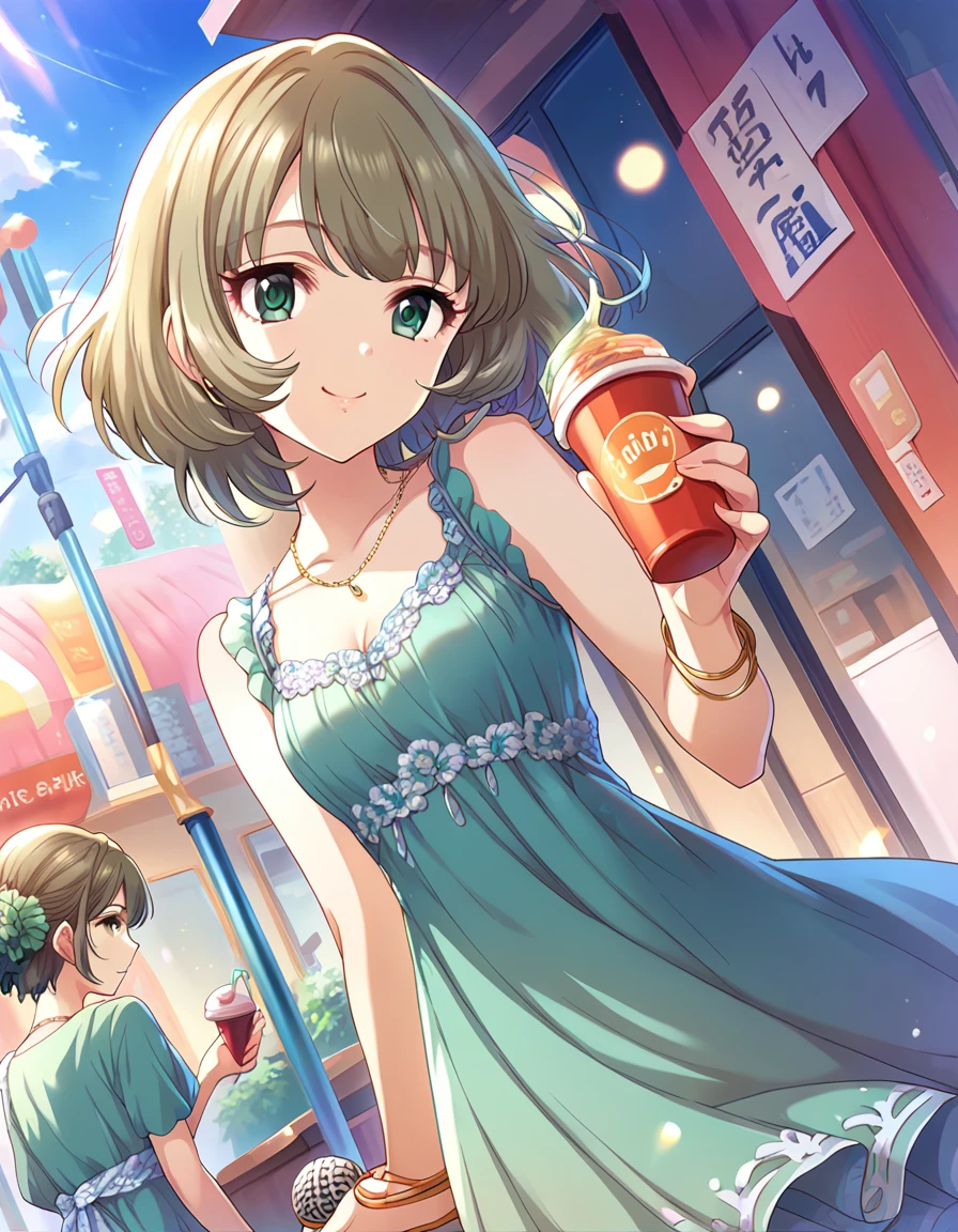 Score_9, Score_8_up, Score_7_up, sauce_anime,
 pinup of 1girl, Alone, Dutch Angle, smile, Watching the audience, holding, cup,disposable cup,
Outdoor,blue sky,  Idolコンサート,Green ruffle dress，Cleavage，microphone，sing，ライトup， 
Idol, short hair, Brown Hair, bangs,Green Eyes,Mole under the eye, Medium chest,
 bracelet，necklace，Reflection of light，Spectacular，