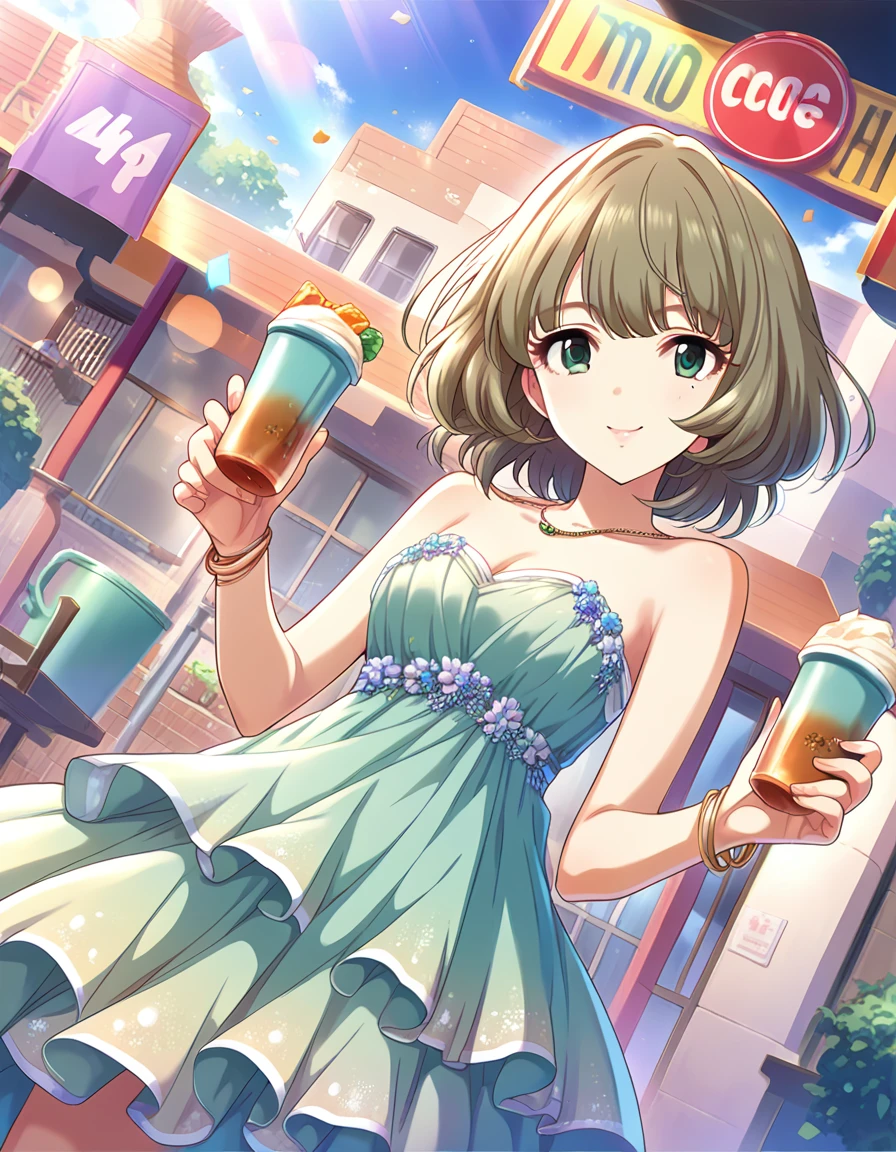 Score_9, Score_8_up, Score_7_up, sauce_anime,
 pinup of 1girl, Alone, Dutch Angle, smile, Watching the audience, holding, cup,disposable cup,
Outdoor,blue sky,  Idolコンサート,Green ruffle dress，Cleavage，microphone，sing，ライトup， 
Idol, short hair, Brown Hair, bangs,Green Eyes,Mole under the eye, Medium chest,
 bracelet，necklace，Reflection of light，Spectacular，