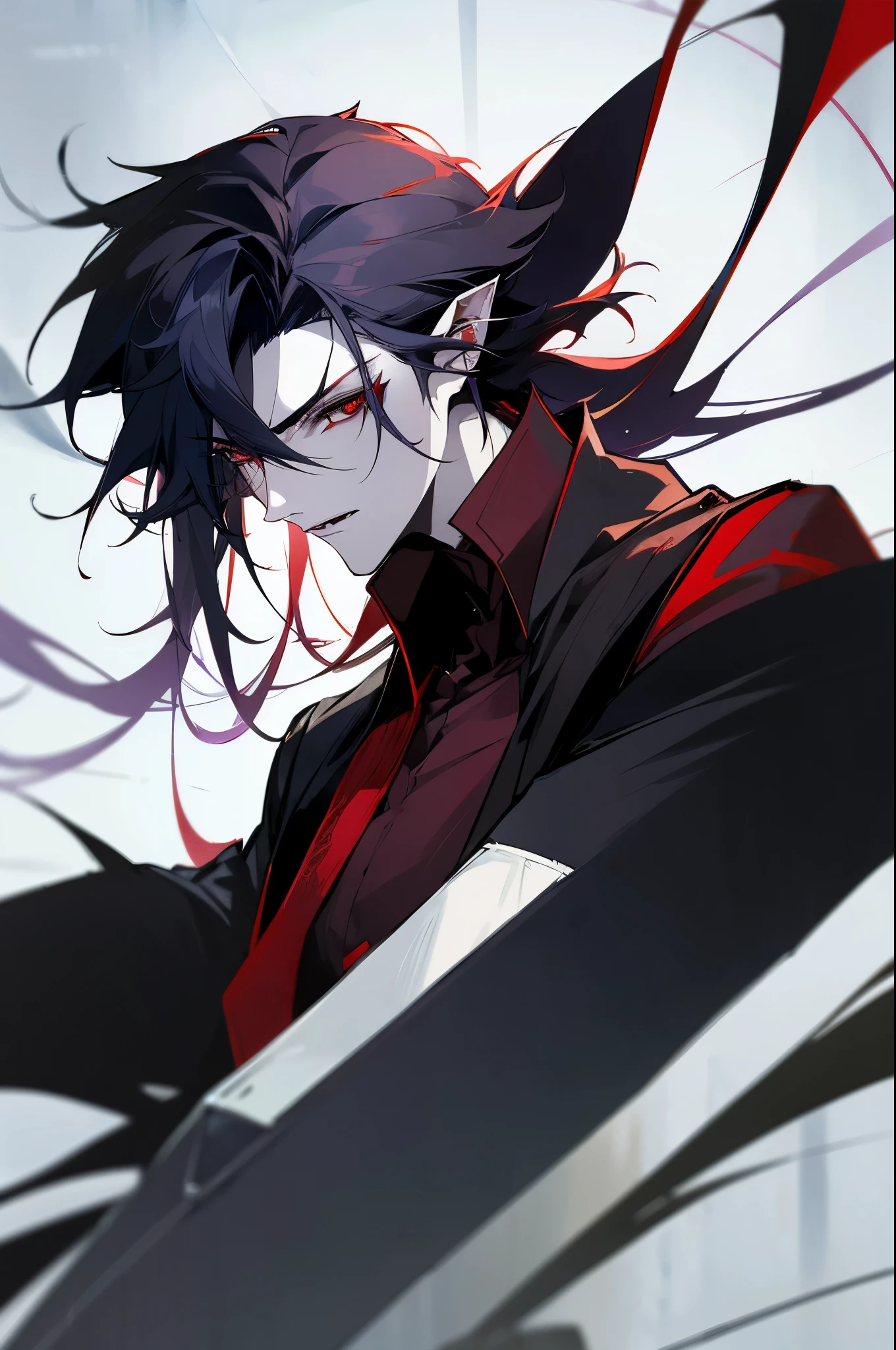 high quality photorealistic image of a man with black hair and red eyes wearing a choke, androgynous vampire, vampire of clan lasombra, male vampire, male vampire evil devious male, handsome male vampire, ((red)) baggy eyes, red eyes wearing goth makeup, black lipstick dark piercing eyes, with haunted eyes and dark hair. MALE gender neutral androgenous beautiful young man, sharp jaw, male features, porcelain skin
