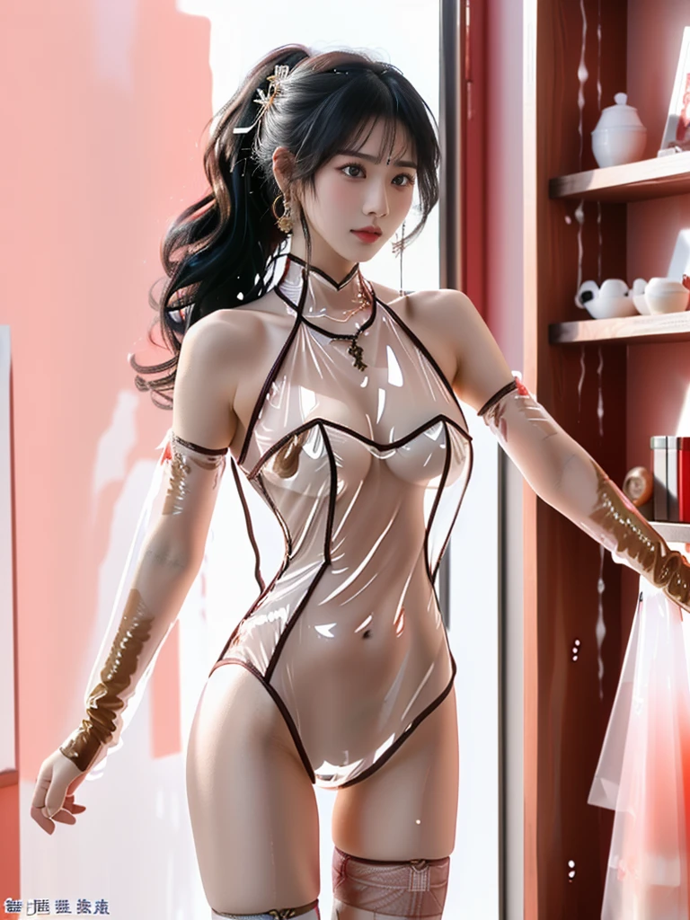 ((A woman)), 美丽脸庞的Sexy中国华裔女明星, Wearing red strappy bikini underwear, Wearing a pink transparent shirt, Holding a fan, (((Light theme, Exposing the subject, Sexy主题)))
((Transparent adhesive clothes: 1.5), (Revealing clothes: 1.5),  (Wet clothes:1.5), (Color of clothes: Pink), (Clothes theme: Christmas), ((Wearing transparent clothing)))
(((night, Bookstore, Book pile, bookshelf, Cafe))),
((desktop:1.0), (Highest quality:1.0), (high resolution:1.2), (Reality:1.0),( Ultra HD:1.3))
((8K Ultra HD, 8K, 超high resolution, Best quality, Super Fine, Clear focus. Masterpieces, complete pattern, Detailed photos, Best image quality，Ultra-clear，Delicate facial features, Well-defined, Highly rated works, Close-up depth of field photography, Above the knee, Symmetrical character)), 
((Creating the image of a real girl), Realistic shadows, Soft lighting, Dynamic Angle, Dynamic poses, Elegant Posture, Cowboy lens, Full body front view, Be confident, Facing the camera, Eyes looking towards camera lens, Standing posture, Open your legs slightly, Golden Ratio Graphics, Minimalism, Center the character), 
( Smile, Sexy的, Balanced Eyes, Realistic eyes, Beautiful details of the eyes,Pretty Face, (Realistic face), Normal facial features, Realistic skin, Pay attention to skin details, Skin is clean and radiant, Whitening, Anatomically correct body, Golden ratio figure, Sexy的身材), 
(Perfect makeup, Gloves, earrings</input></xml>, bracelet, necklace, Jewelry, Hair accessories, shawl, sock, Knee socks, 吊garter, Leg ring, garter, 腿部garter), 
((beautiful hair), Dark black hair, Wavy curly hairstyle, Waist-length hair, Messy Hairstyle, Gradient hairstyles, Cyberpunk Hairstyle, High double ponytail hairstyle, Bangs), 
(Sexy的, Perfect breast shape, Teardrop chest shape, Snow-white breasts, Very detailed breasts, 34C cup), 
(Super high waist, Deep V, Low-cut, Sexy, Flattering, Open crotch, (Clear camel toe, (High fork strangulation))),
(((Clear outline, Clear underwear, 透明Sexy的穿着)))